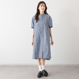 スタイル・ラヴィー 袖リブバイカラー＆ 切替アクセント オリジナルストライプ バンドカラーワンピース