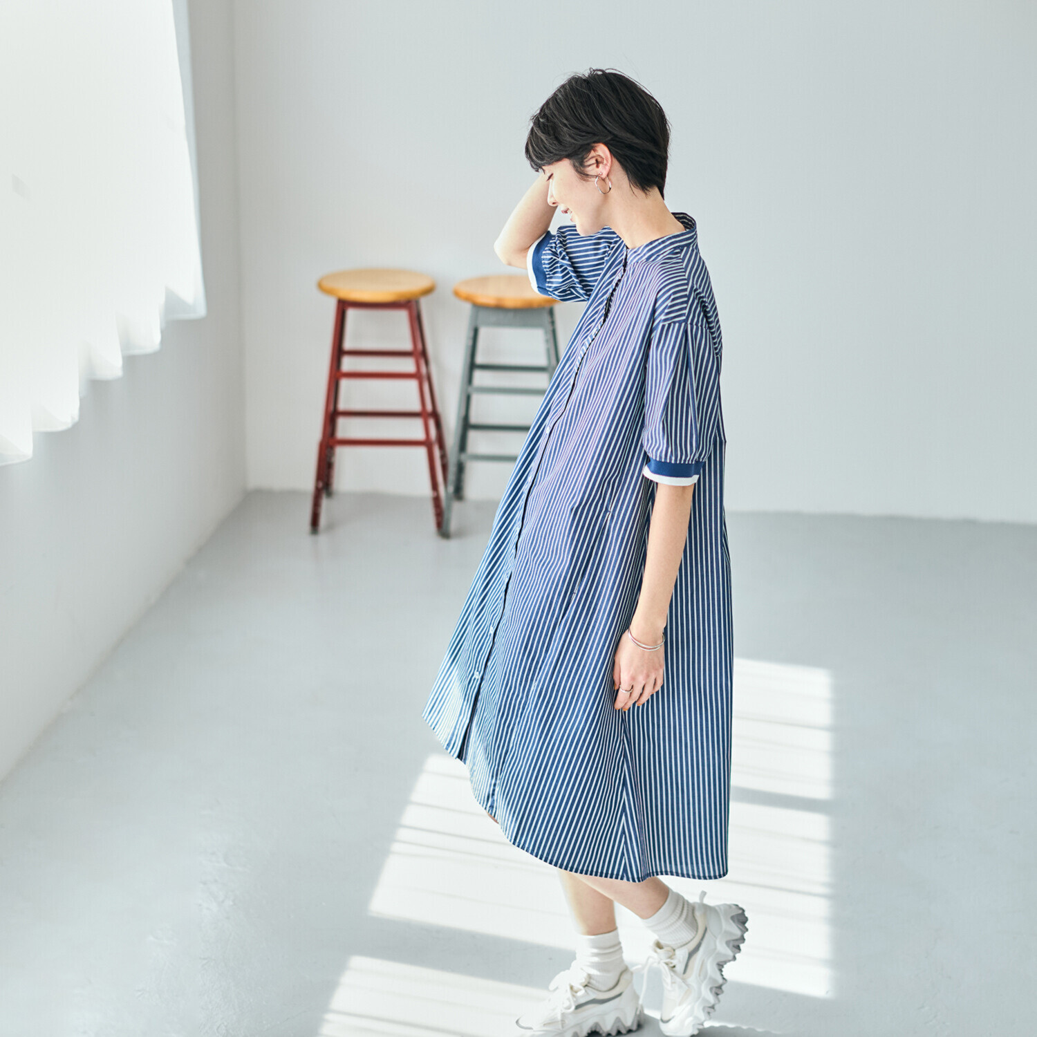 スタイル・ラヴィー 袖リブバイカラー＆ 切替アクセント オリジナルストライプ バンドカラーワンピース