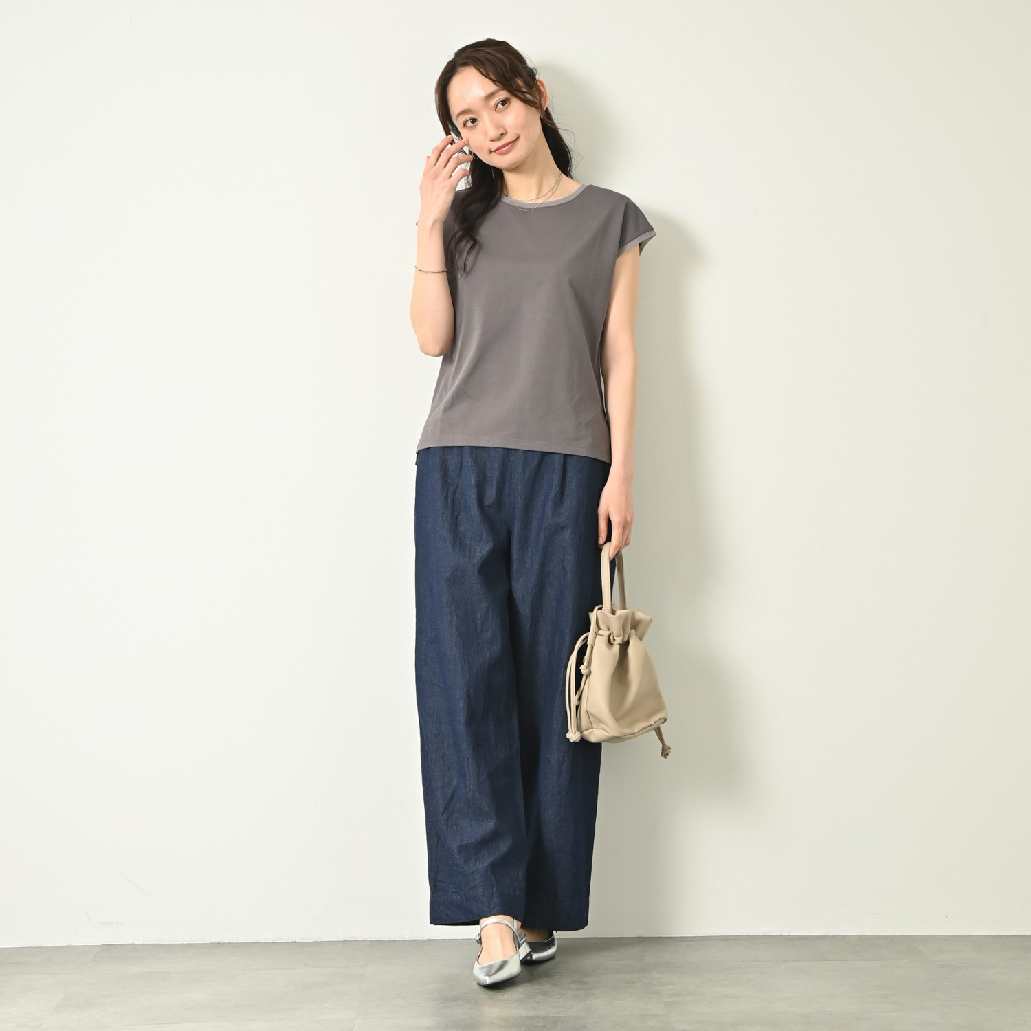 元町ゼラール フランス産リネン使用 ライトオンスデニム きれいめワイドストレート パンツ