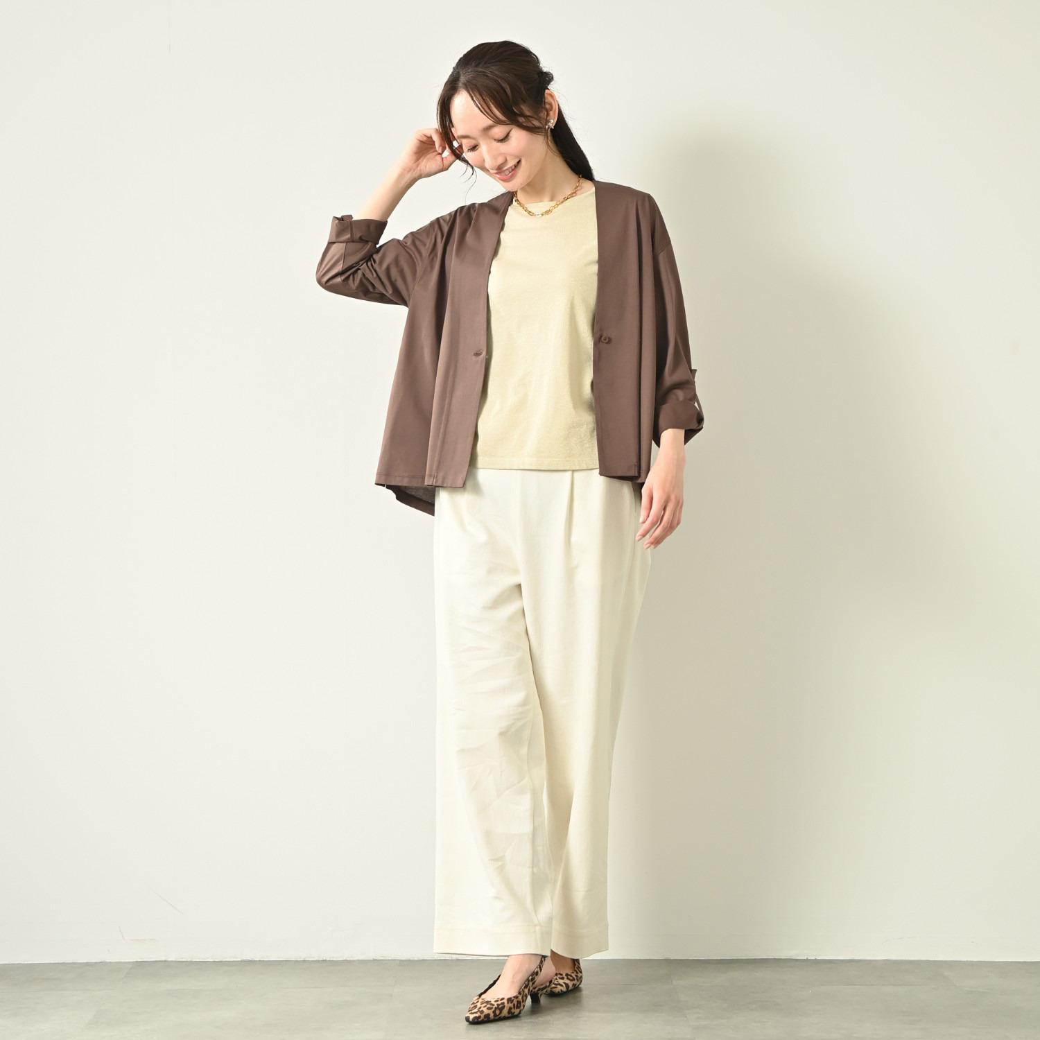 元町ゼラール ふんわりコットン混 上品ラメプレーティング ラウンドネック プルオーバー