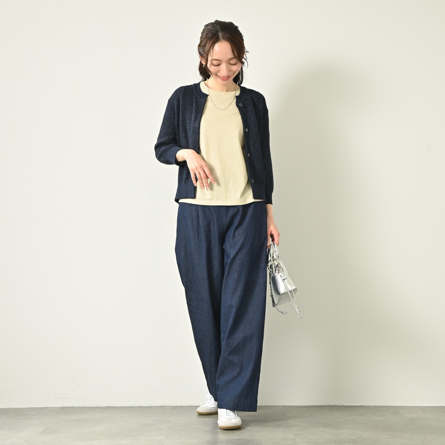 元町ゼラール ふんわりコットン混 上品ラメプレーティング ラウンドネック プルオーバー