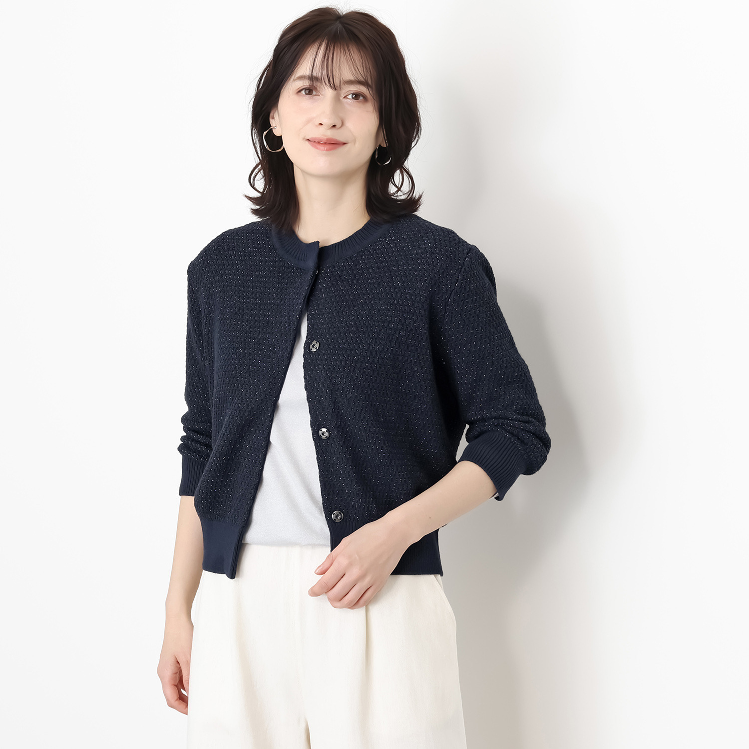 元町ゼラール コットン混リリヤーン ラメ入りツイード編 ニットカーディガン