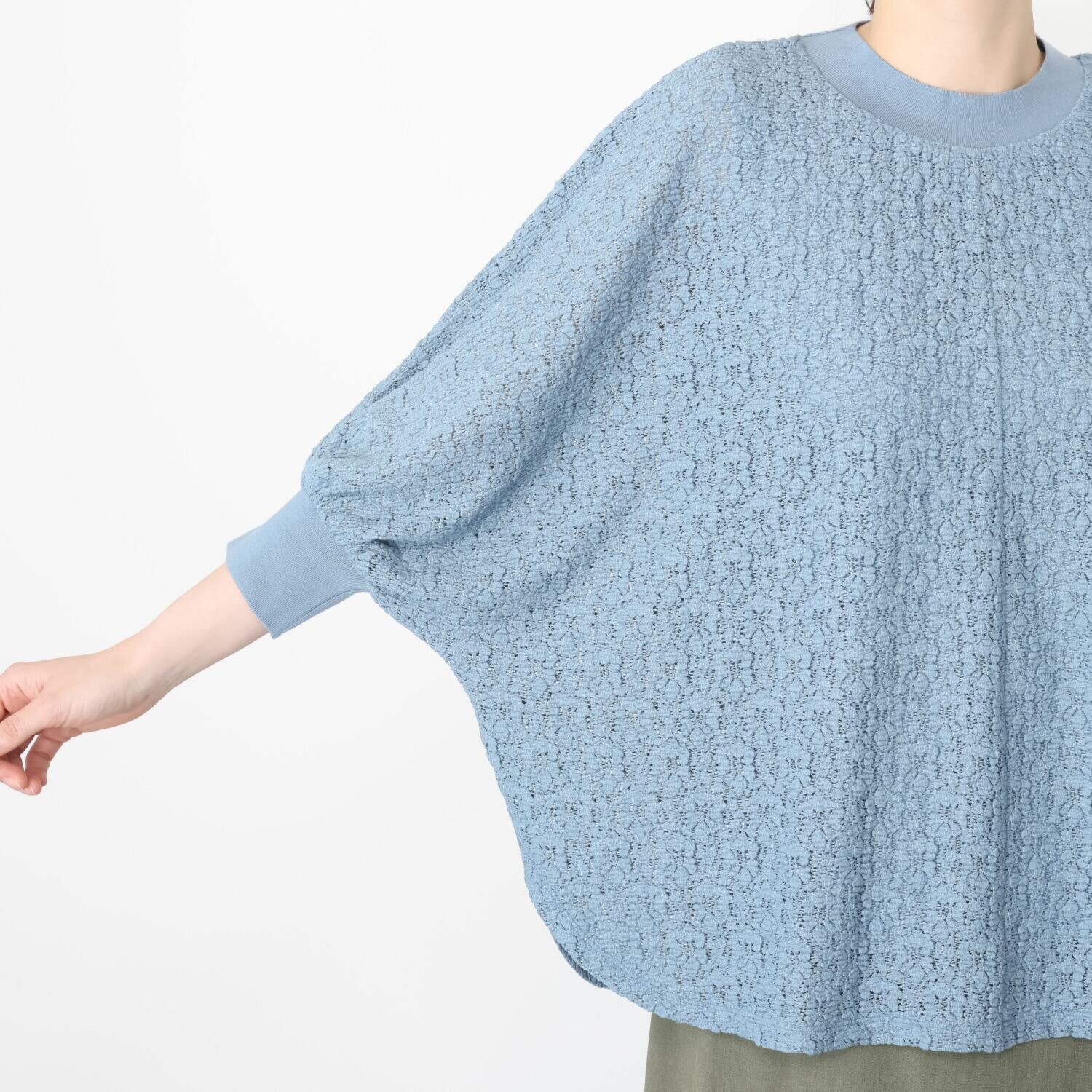 元町ゼラール ストレッチレース ニットリブコンビ ドルマンスリーブ プルオーバー