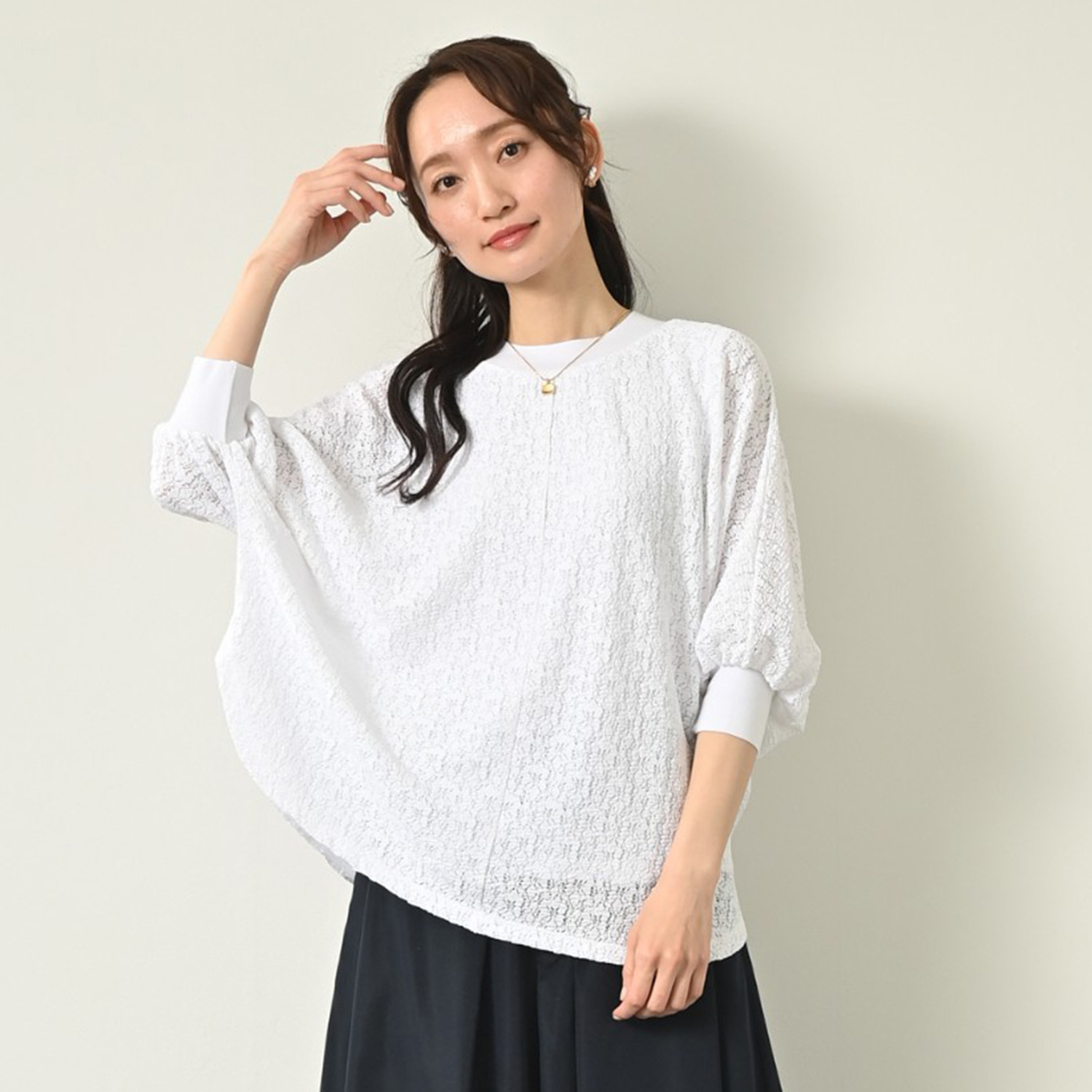 元町ゼラール ストレッチレース ニットリブコンビ ドルマンスリーブ プルオーバー