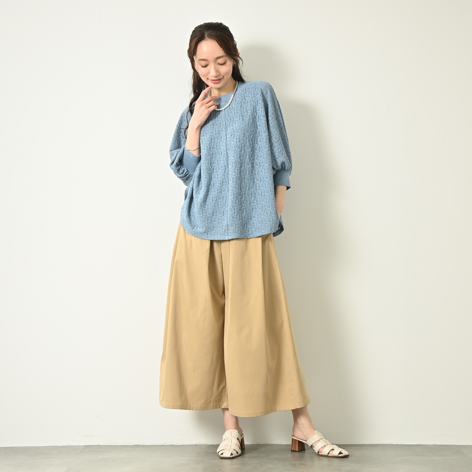 元町ゼラール ストレッチレース ニットリブコンビ ドルマンスリーブ プルオーバー