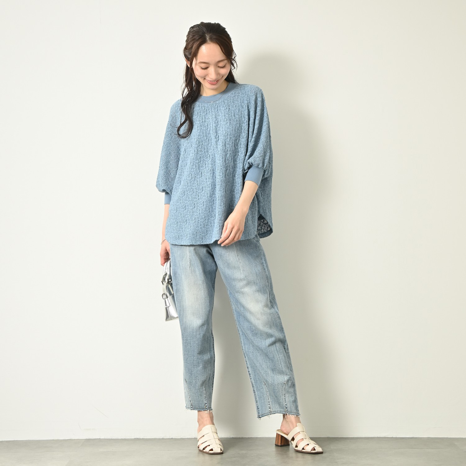 元町ゼラール ストレッチレース ニットリブコンビ ドルマンスリーブ プルオーバー