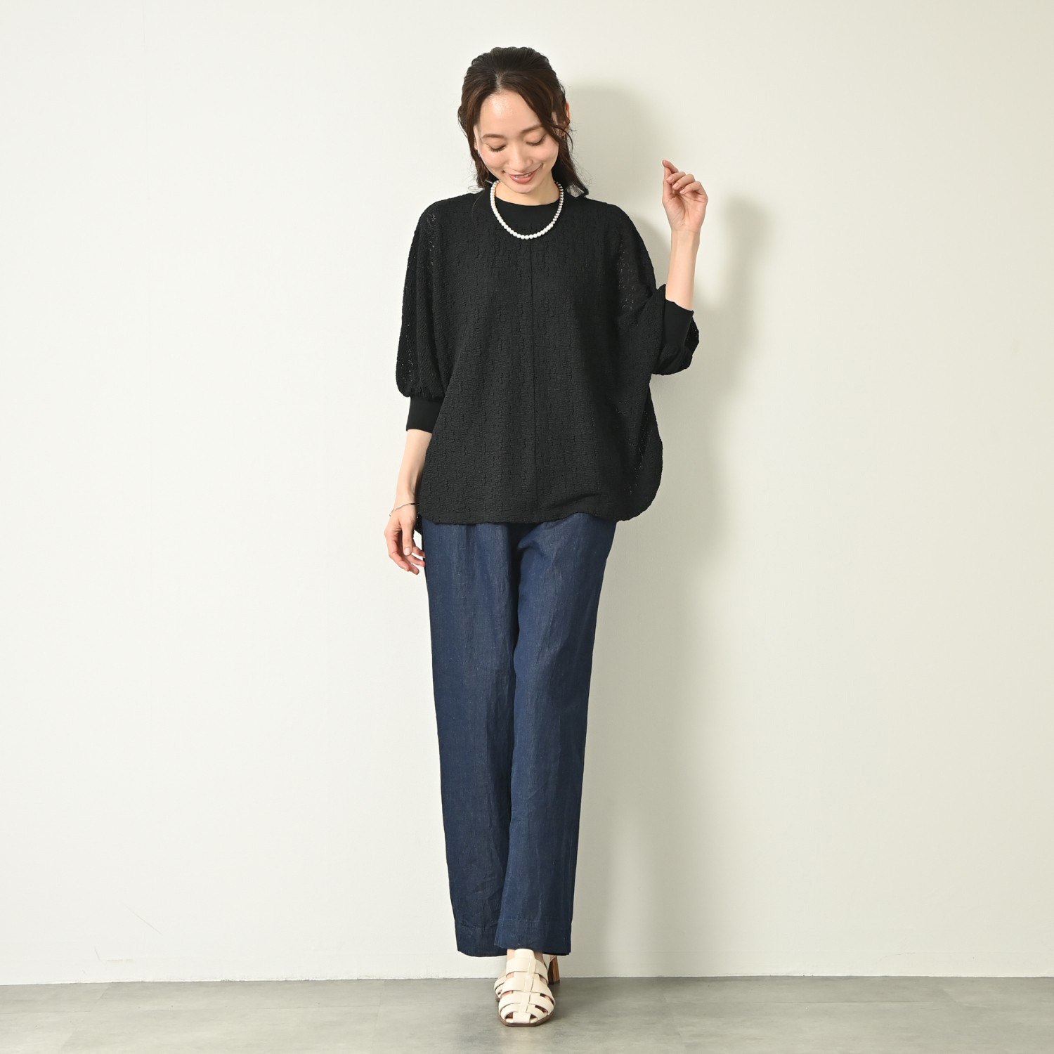 元町ゼラール ストレッチレース ニットリブコンビ ドルマンスリーブ プルオーバー