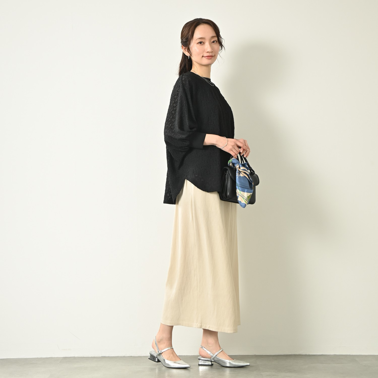 元町ゼラール ストレッチレース ニットリブコンビ ドルマンスリーブ プルオーバー