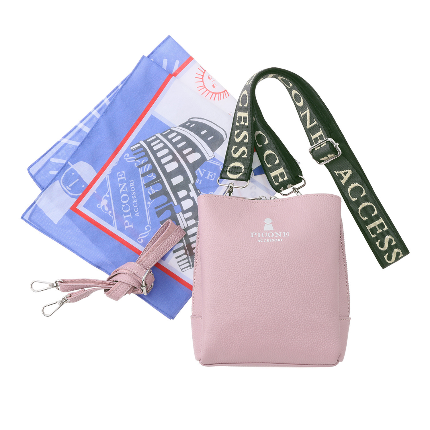 ピッコーネ アッチェッソーリ バンダナハンカチ付 牛革３層ショルダーバッグ