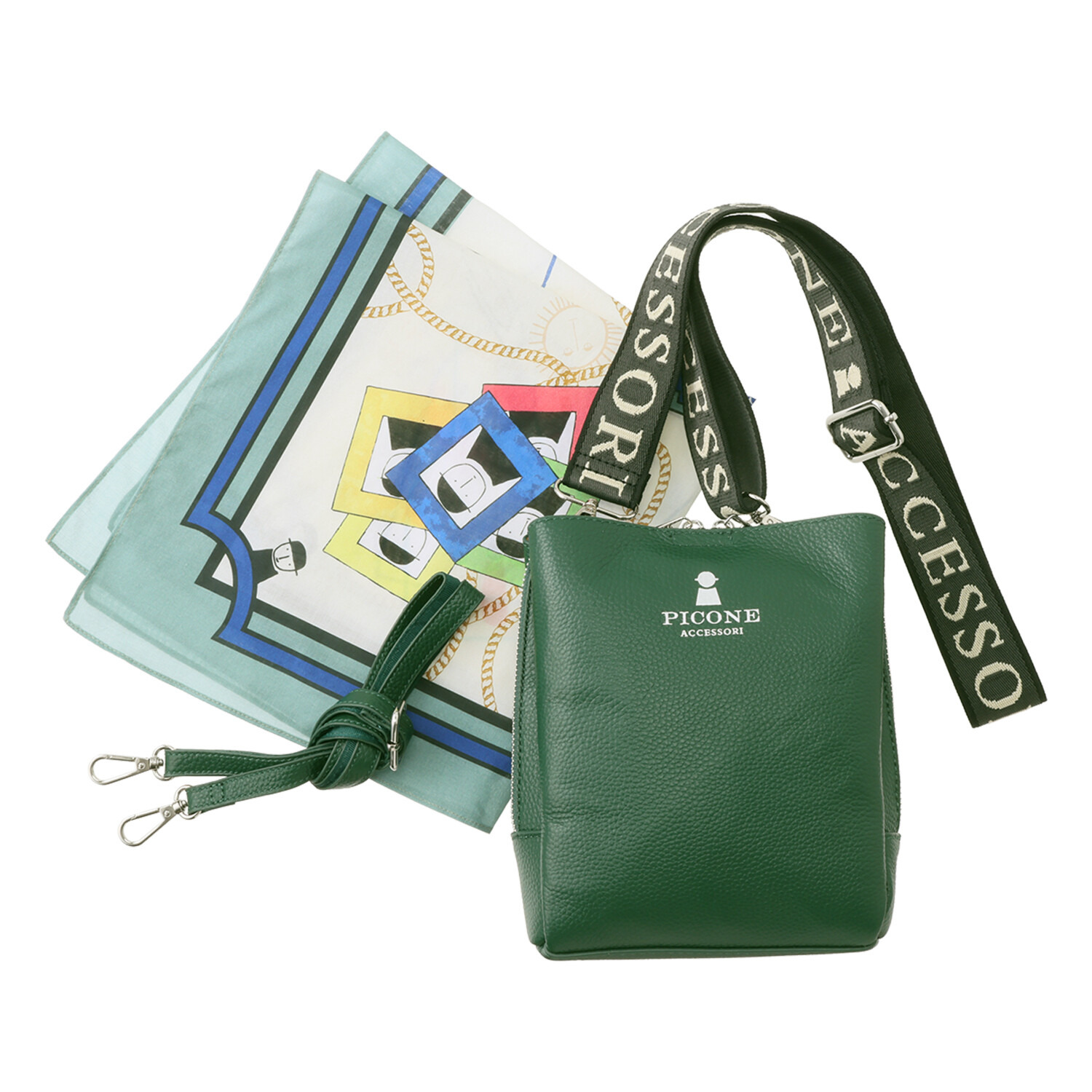 ピッコーネ アッチェッソーリ バンダナハンカチ付 牛革３層ショルダーバッグ