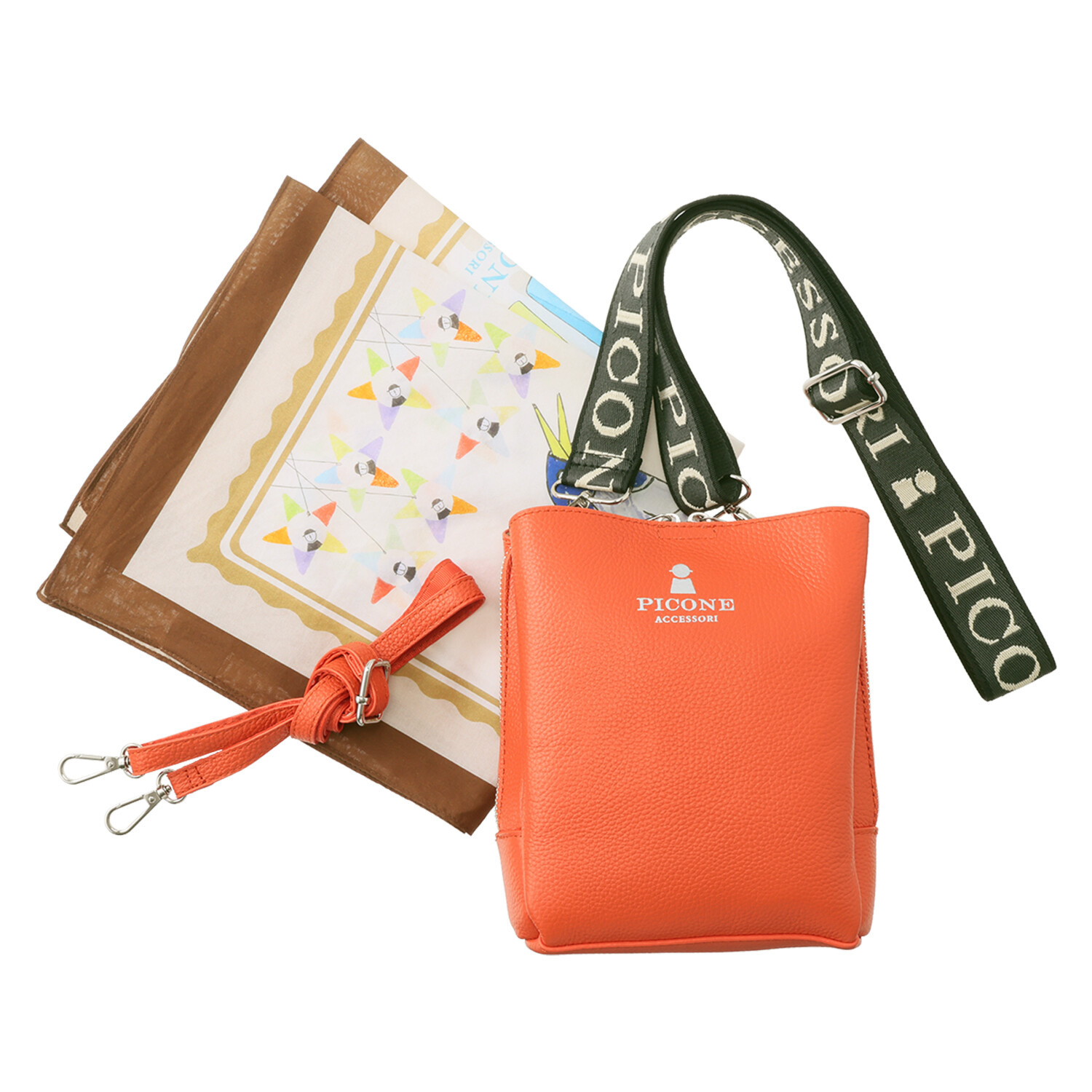 ピッコーネ アッチェッソーリ バンダナハンカチ付 牛革３層ショルダーバッグ