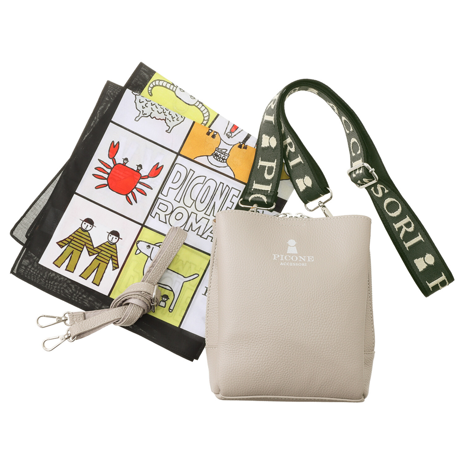 ピッコーネ アッチェッソーリ バンダナハンカチ付 牛革３層ショルダーバッグ