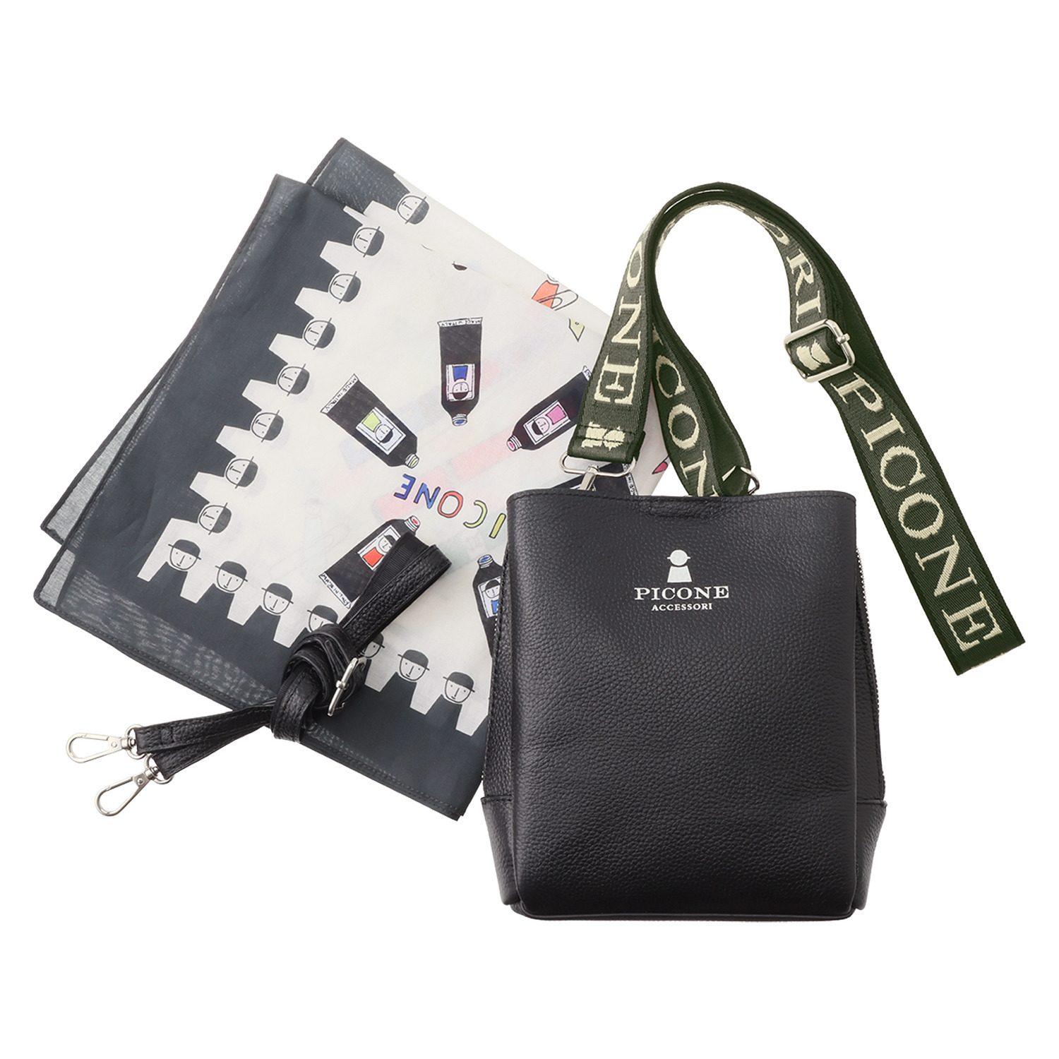 ピッコーネ アッチェッソーリ バンダナハンカチ付 牛革３層ショルダーバッグ