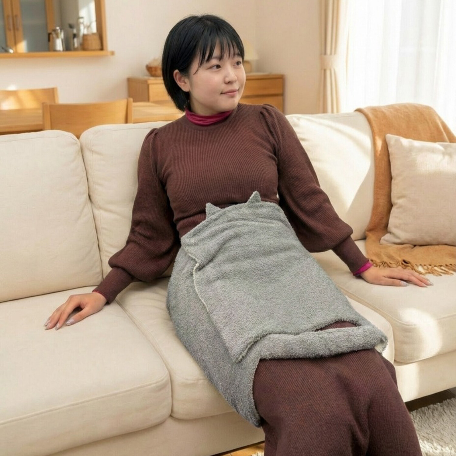 福助 ふわふわとろんな肌触り 猫耳としっぽに癒される！ にゃらまきブランケット