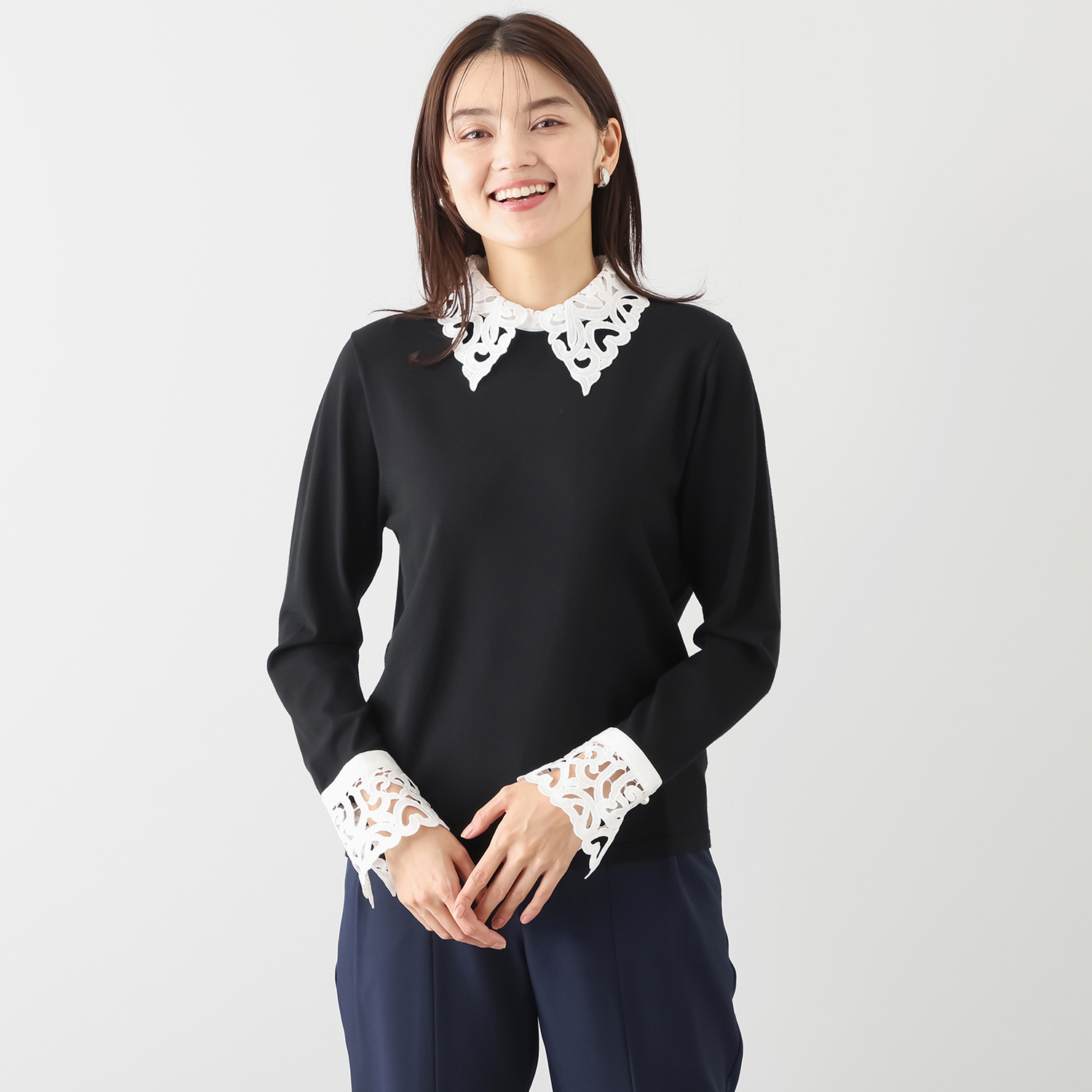 アペーナ バイカラー オリジナルレース アクセント ニットプルオーバー