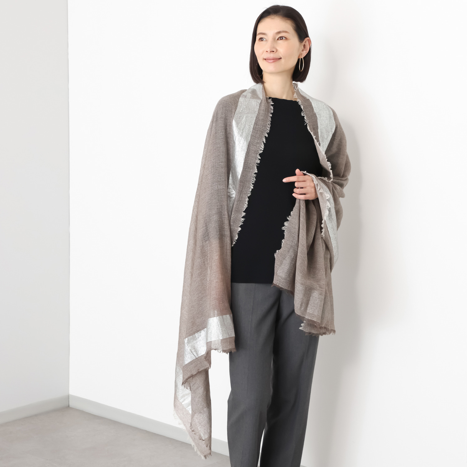 ティエドゥール 内モンゴル産 梳毛カシミヤ× コットンラミー 箔プリントストール