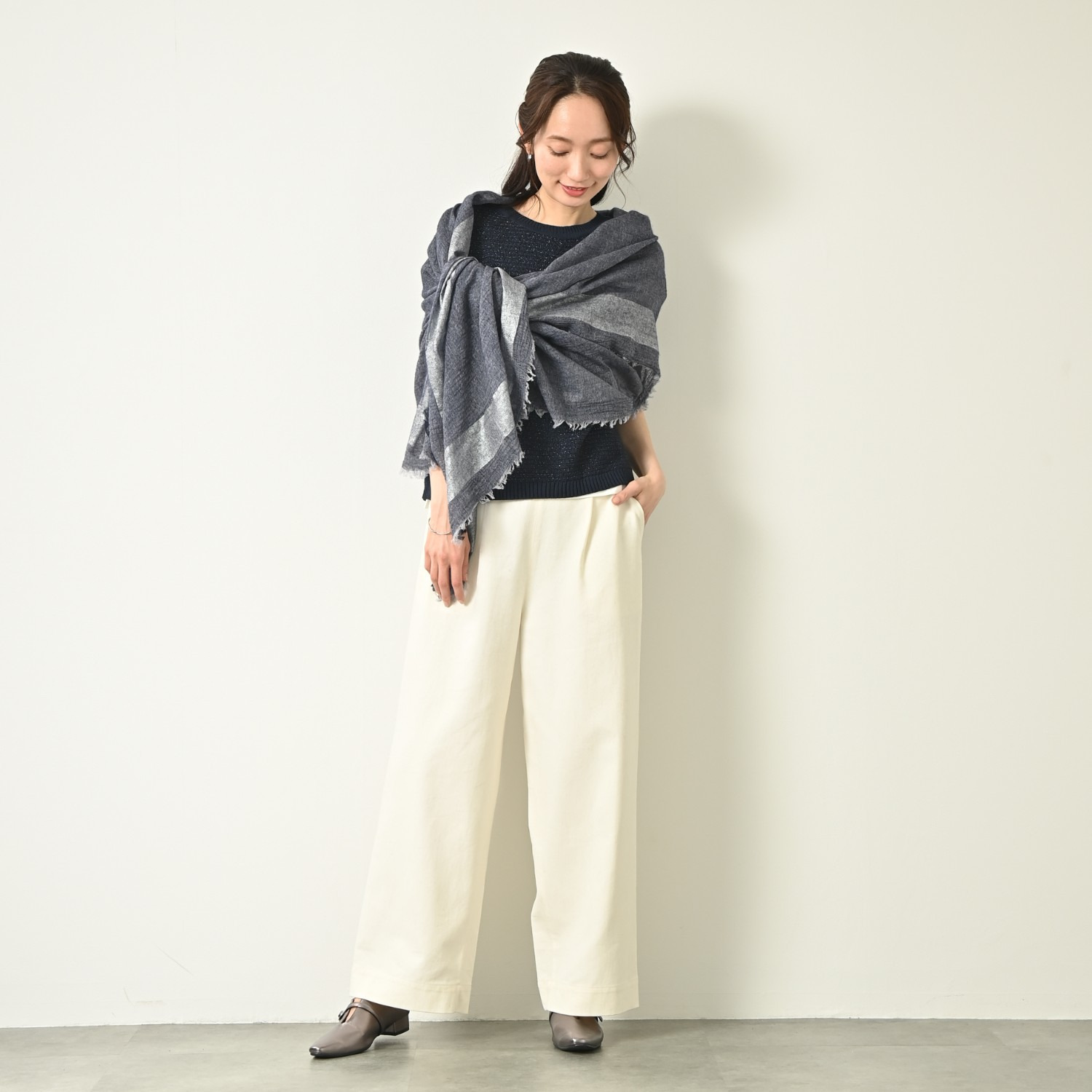 ティエドゥール 内モンゴル産 梳毛カシミヤ× コットンラミー 箔プリントストール