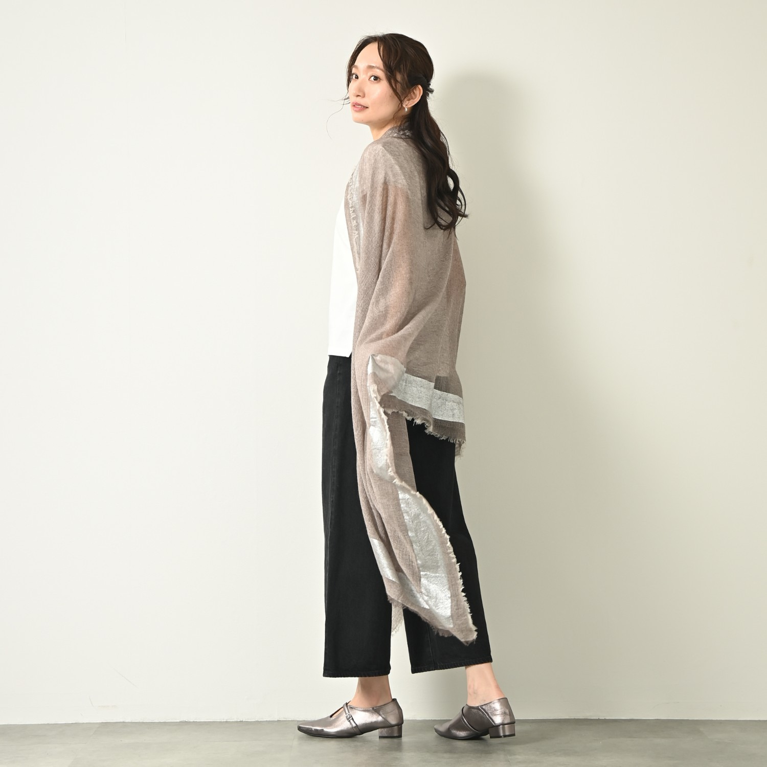 ティエドゥール 内モンゴル産 梳毛カシミヤ× コットンラミー 箔プリントストール