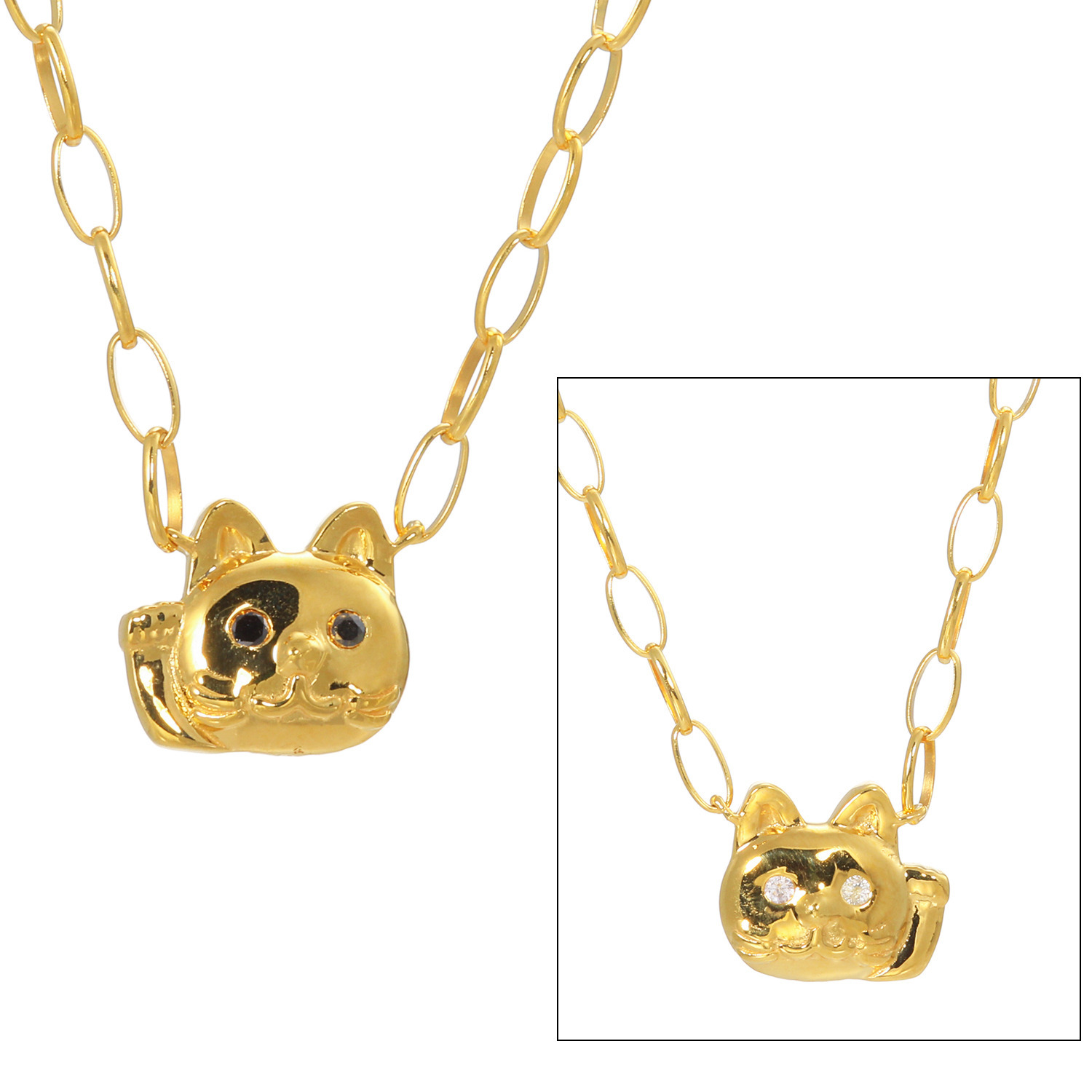 フルーフ シルバー ブラックダイヤモンド＆ ホワイトサファイア 招き猫モティーフ リバーシブルネックレス