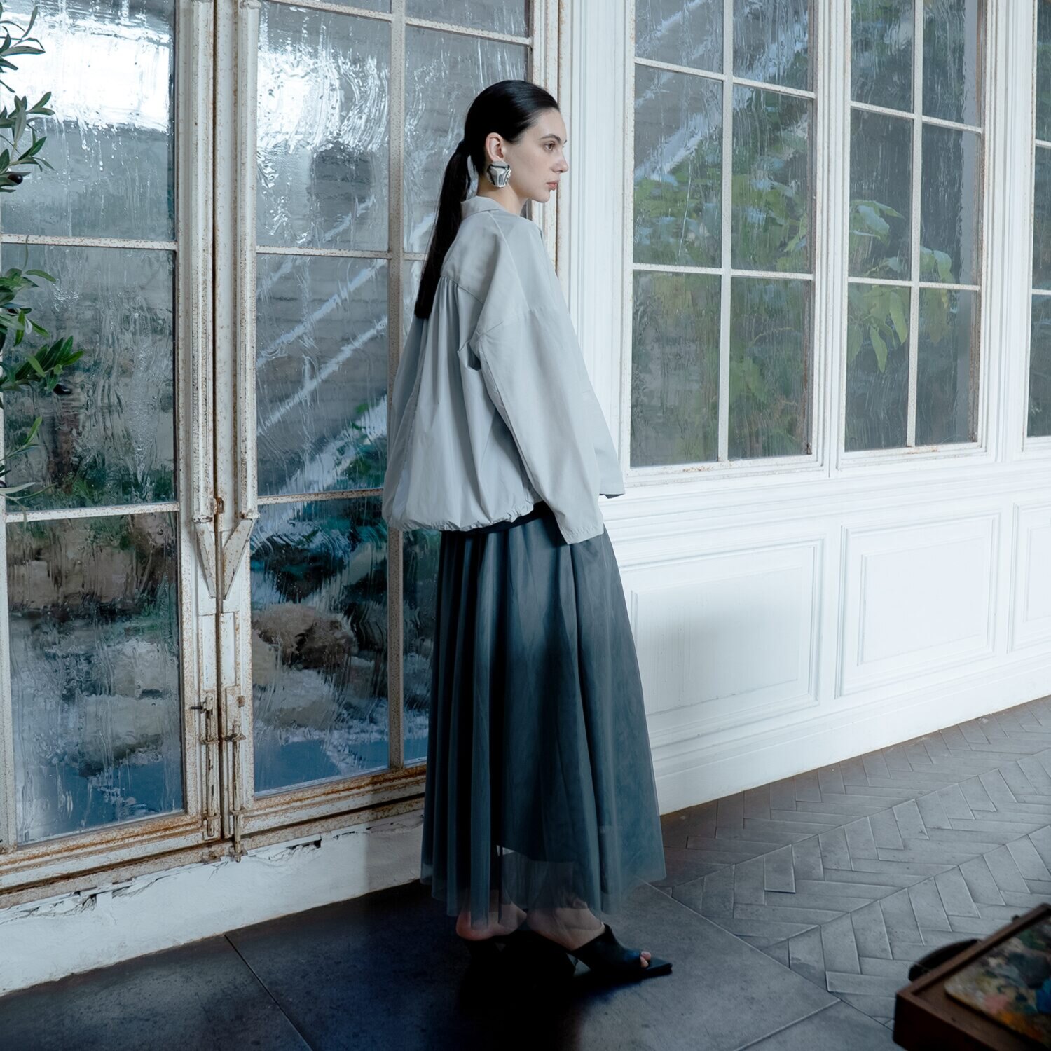 ヨウゾウカタブキ モードエアリー タフタコンビ テーラードカラー ジャケット