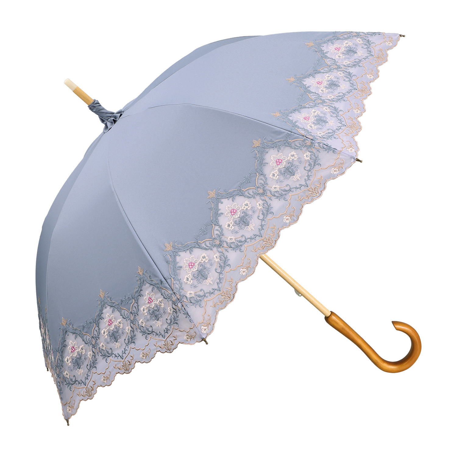シノワズリーモダン 女優日傘 ダマスク カットワーク刺しゅう かわず張り 晴雨兼用長傘