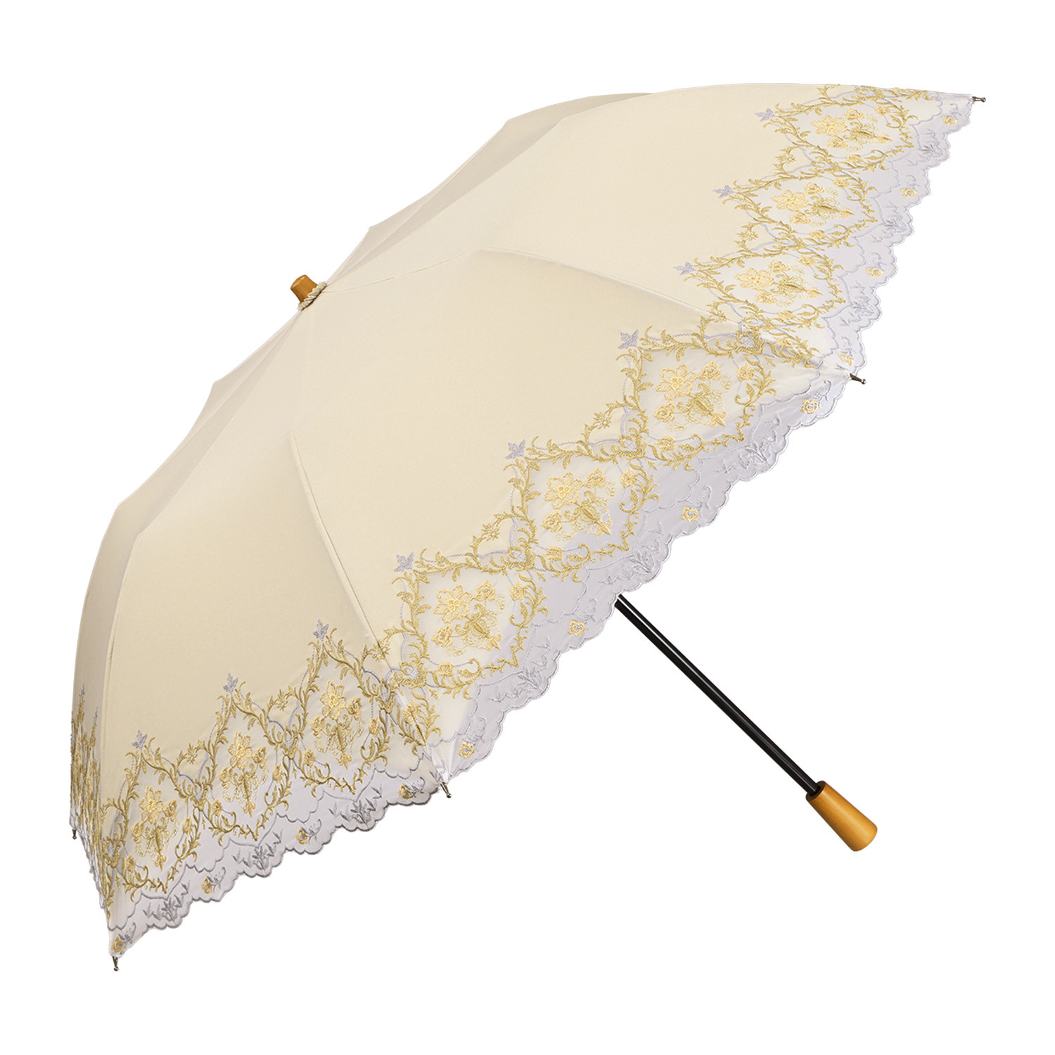 シノワズリーモダン 女優日傘 ダマスク カットワーク刺しゅう かわず張り　晴雨兼用 ショート折りたたみ傘