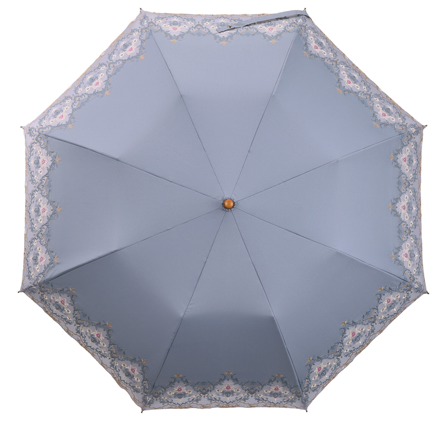 シノワズリーモダン 女優日傘 ダマスク カットワーク刺しゅう かわず張り　晴雨兼用 ショート折りたたみ傘