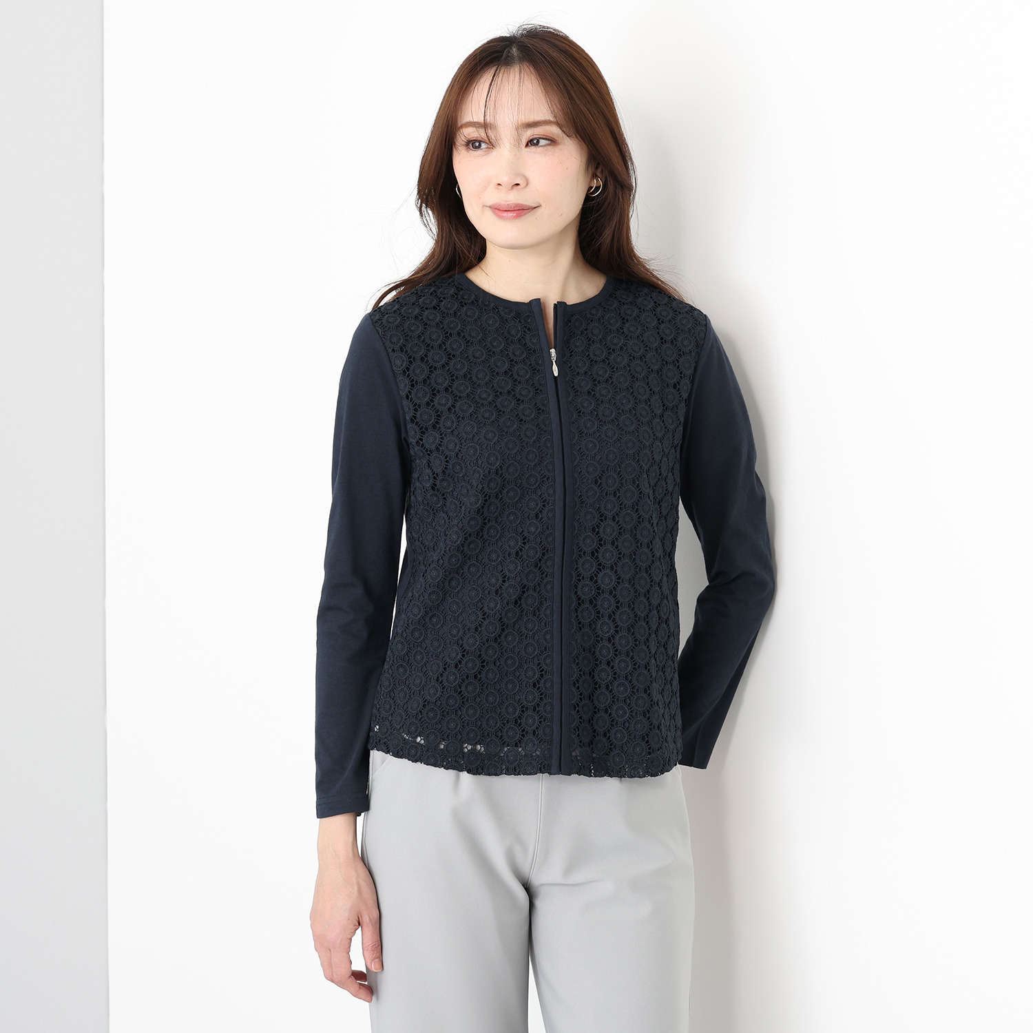 メゾン馬里邑 オーナメント カットワークレース 異素材切替カーディガン