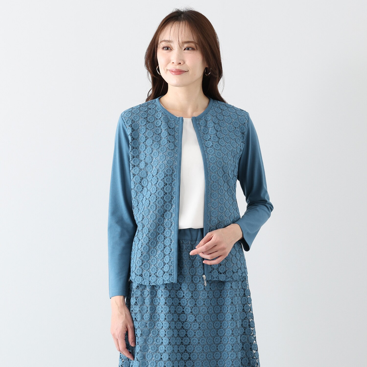 メゾン馬里邑 オーナメント カットワークレース 異素材切替カーディガン