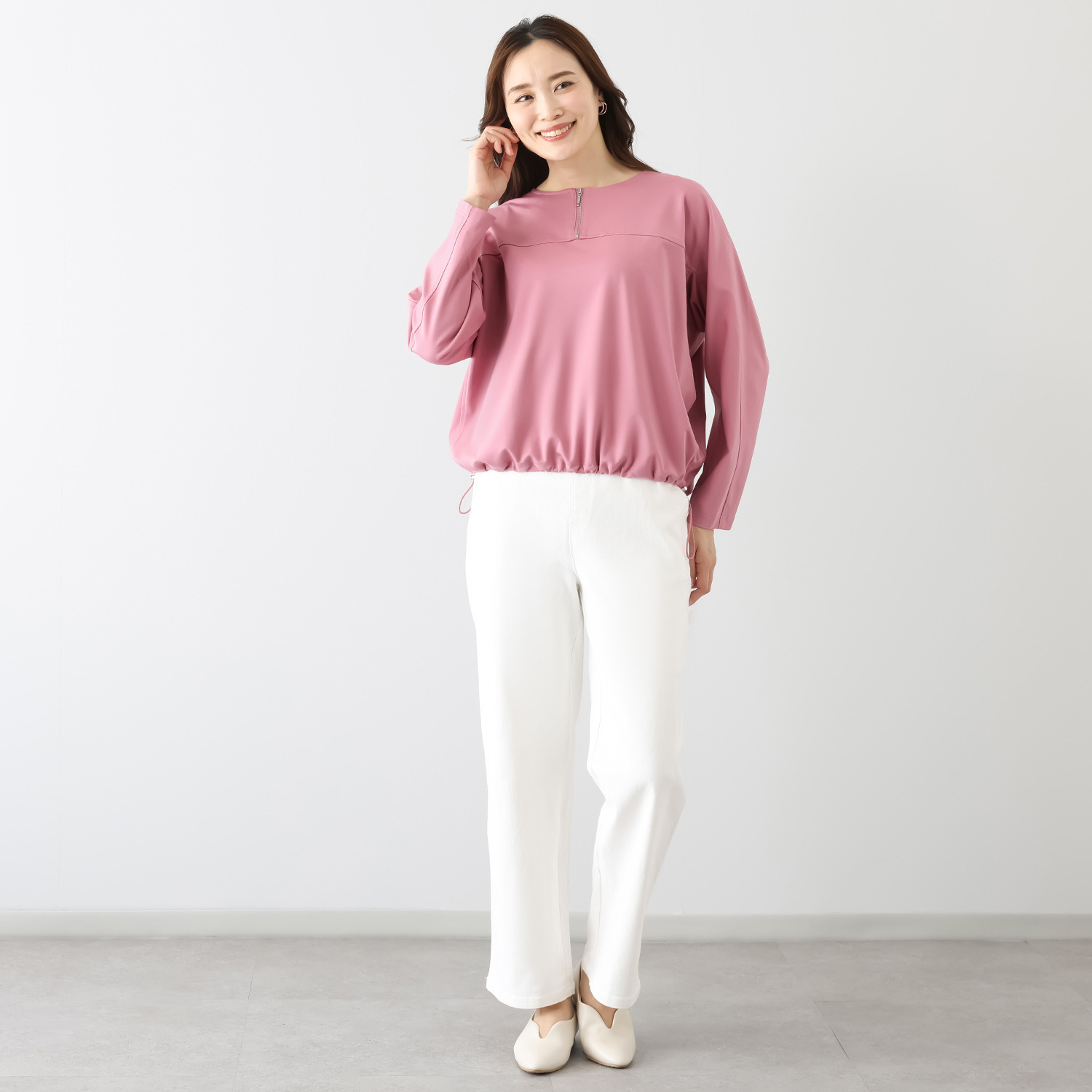 シーン ジップアクセント やわらか肌触り ドルマンスリーブトップス