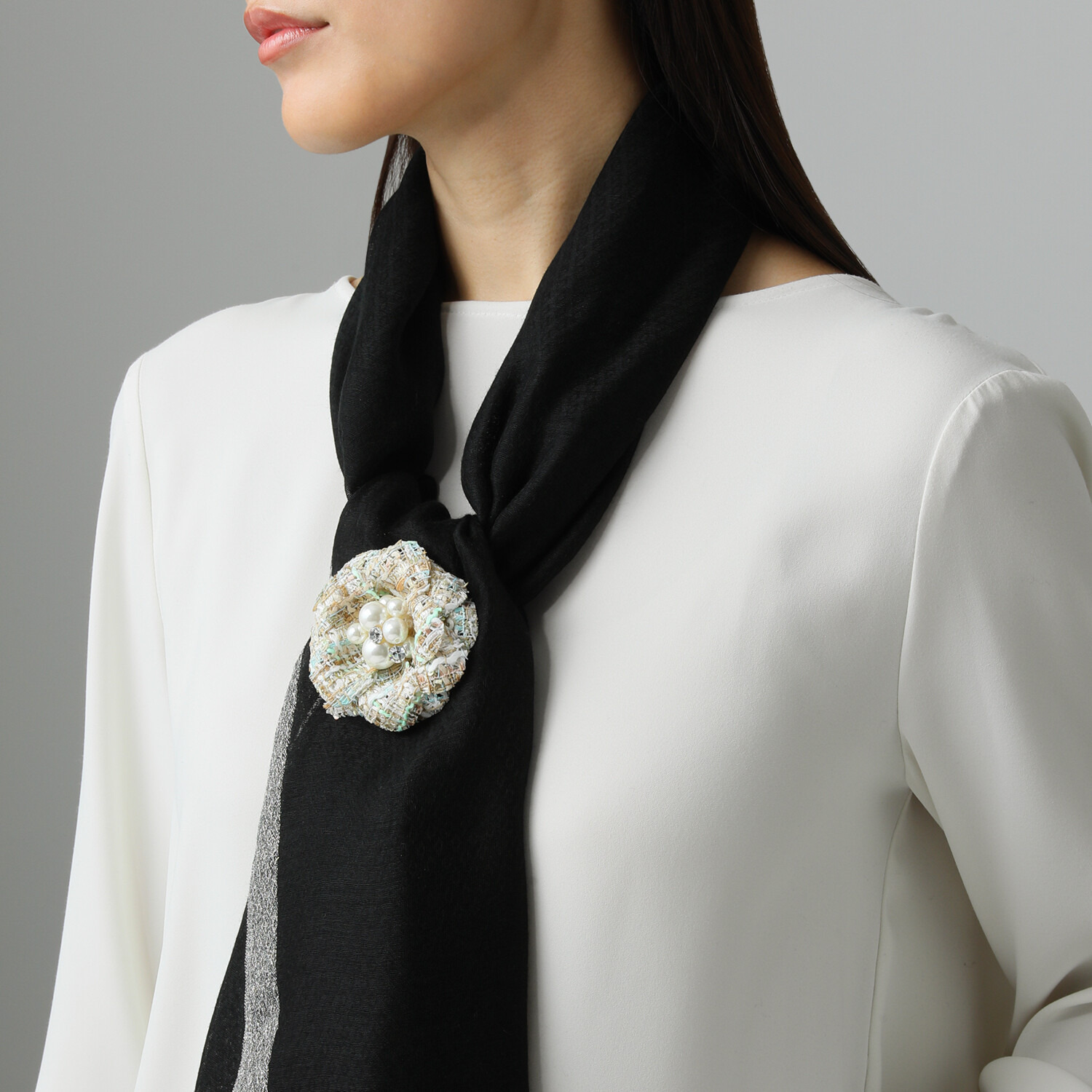 マイビジュー ファンシーツイード パールビジュウ カメリアモティーフ マグネットブローチ