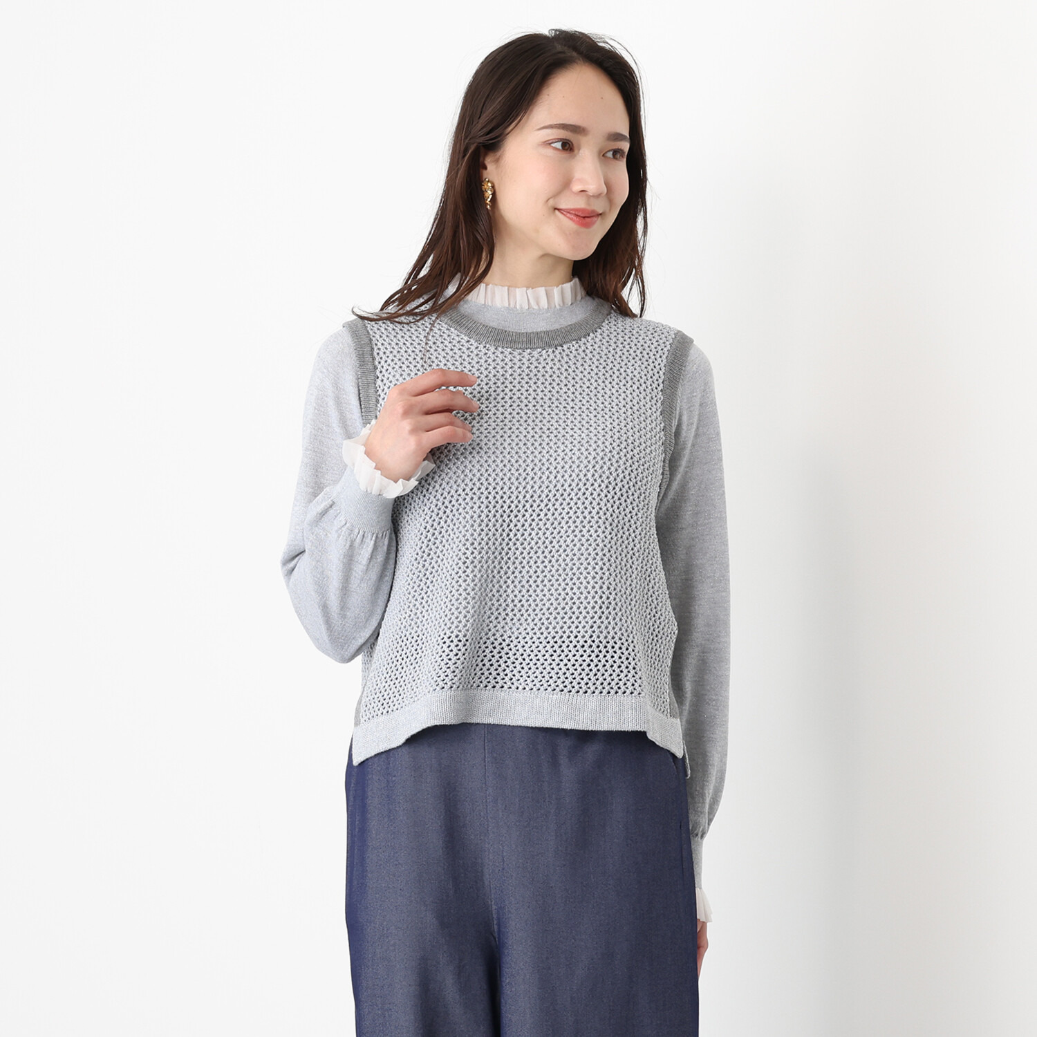 Ｔ．Ｆ．Ｄ．Ｃ． ブリランテラメ ざっくりメッシュ 配色アクセント クルーネックジレ