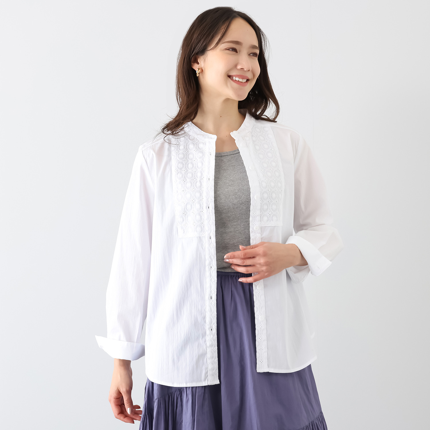 プララパ コットン混 刺しゅうレース バンドカラーシャツ