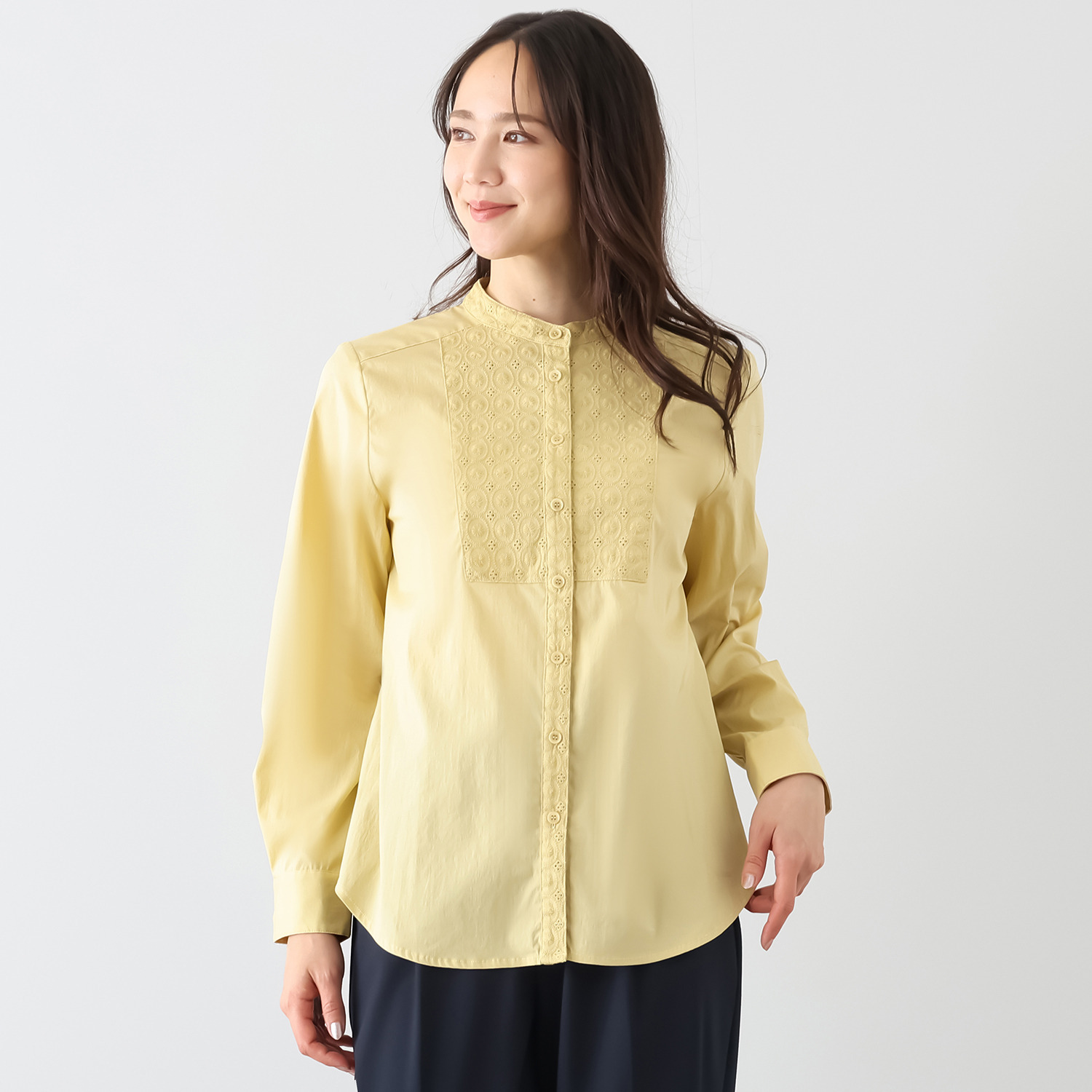 プララパ コットン混 刺しゅうレース バンドカラーシャツ