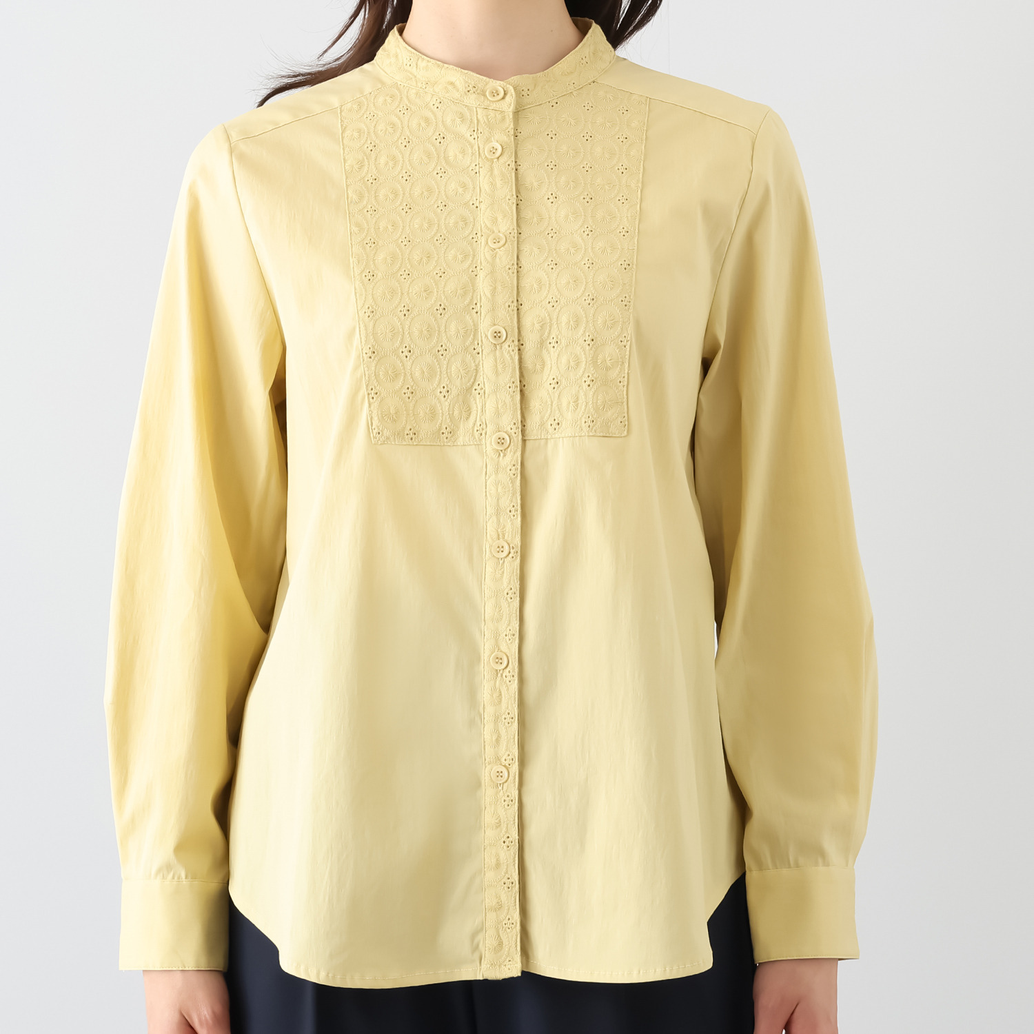 プララパ コットン混 刺しゅうレース バンドカラーシャツ