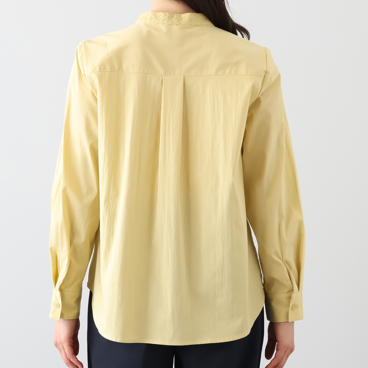 プララパ コットン混 刺しゅうレース バンドカラーシャツ