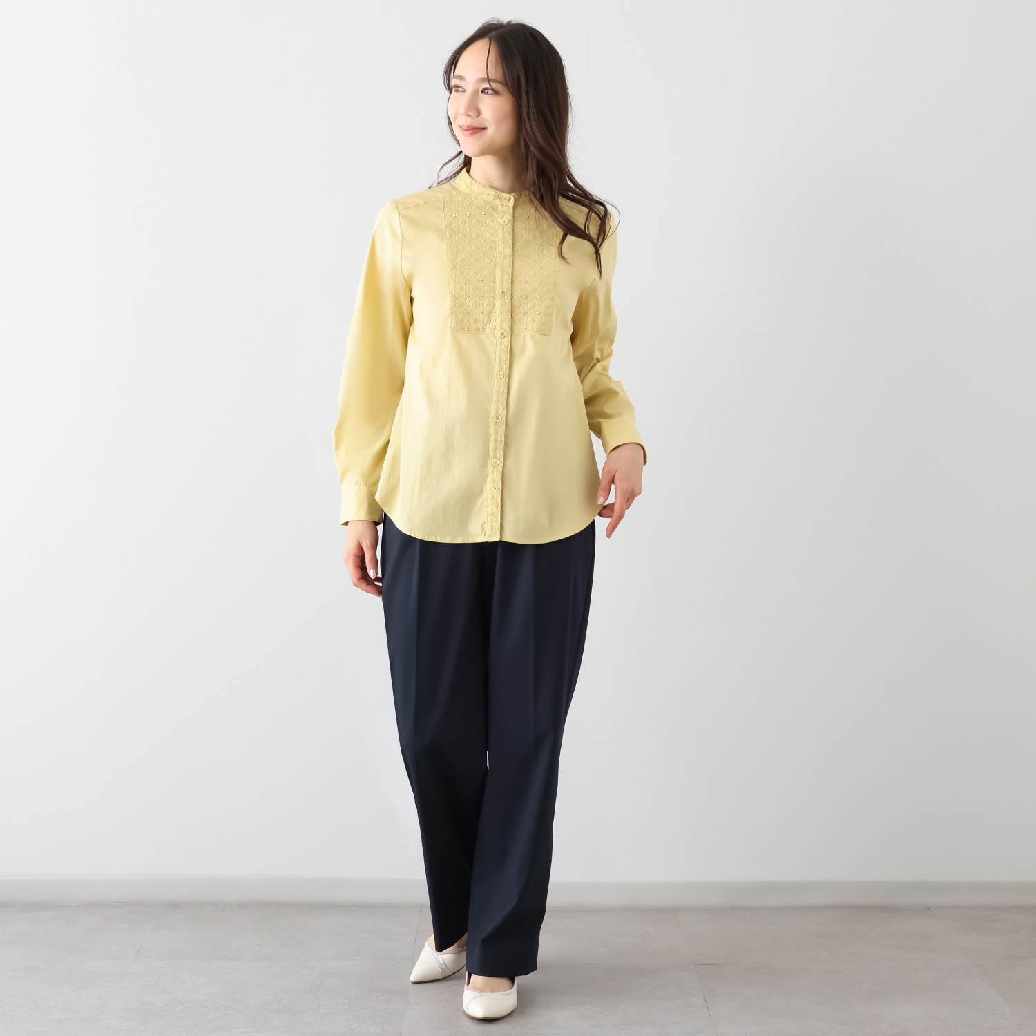 プララパ コットン混 刺しゅうレース バンドカラーシャツ