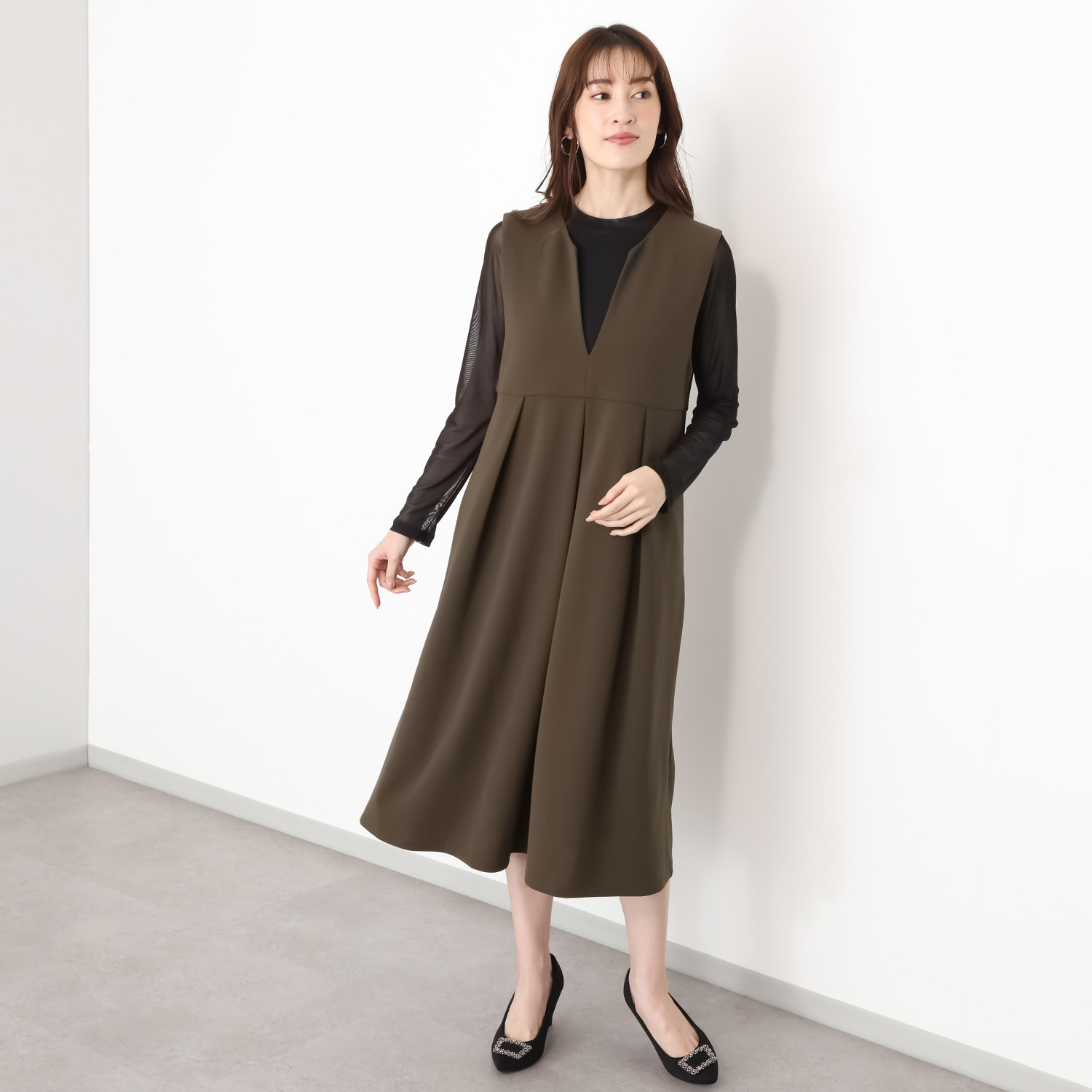 マダムヒロコ ドレープツイル キーネック ジャンパースカート