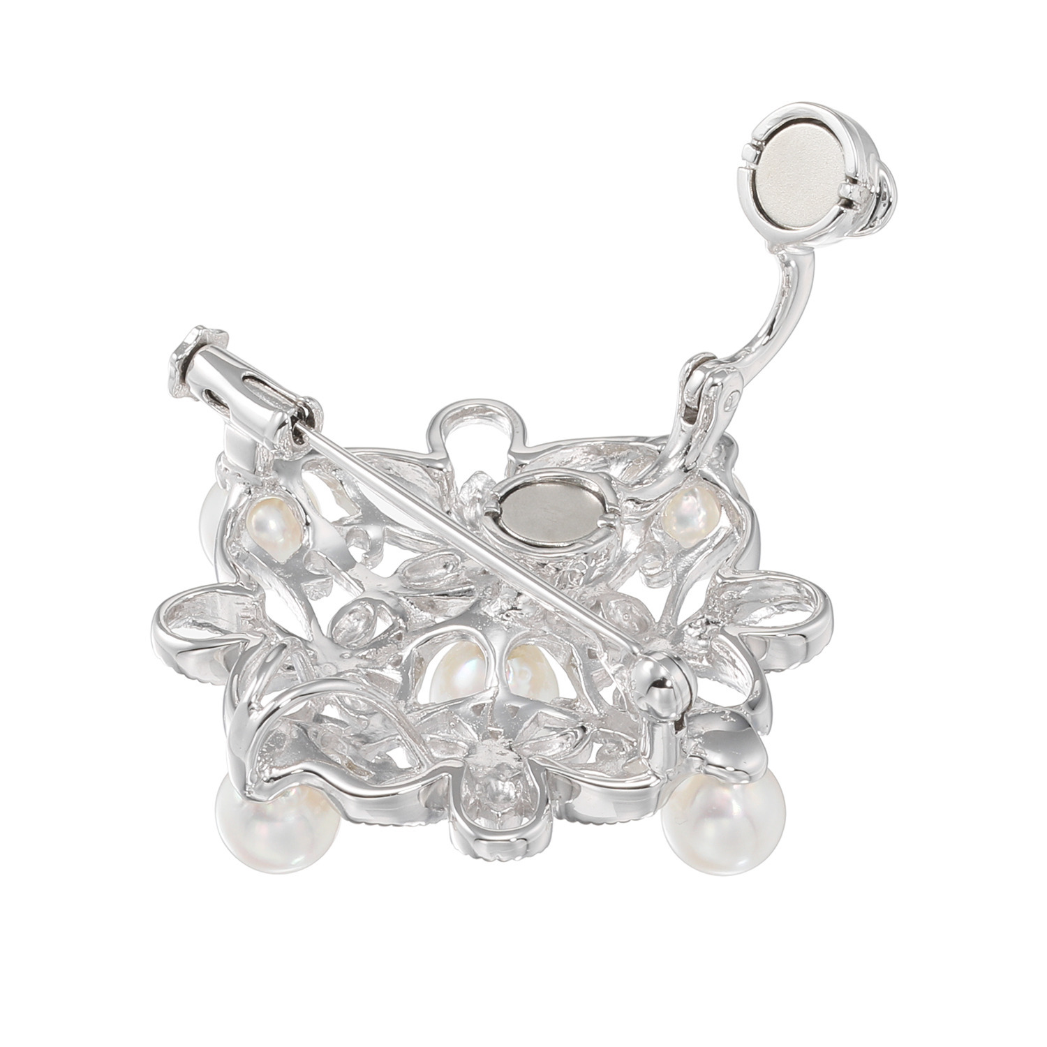 ゆきほたる シルバー 長崎県対馬産 無調色越物アコヤパール スクエアレース ペンダントブローチ