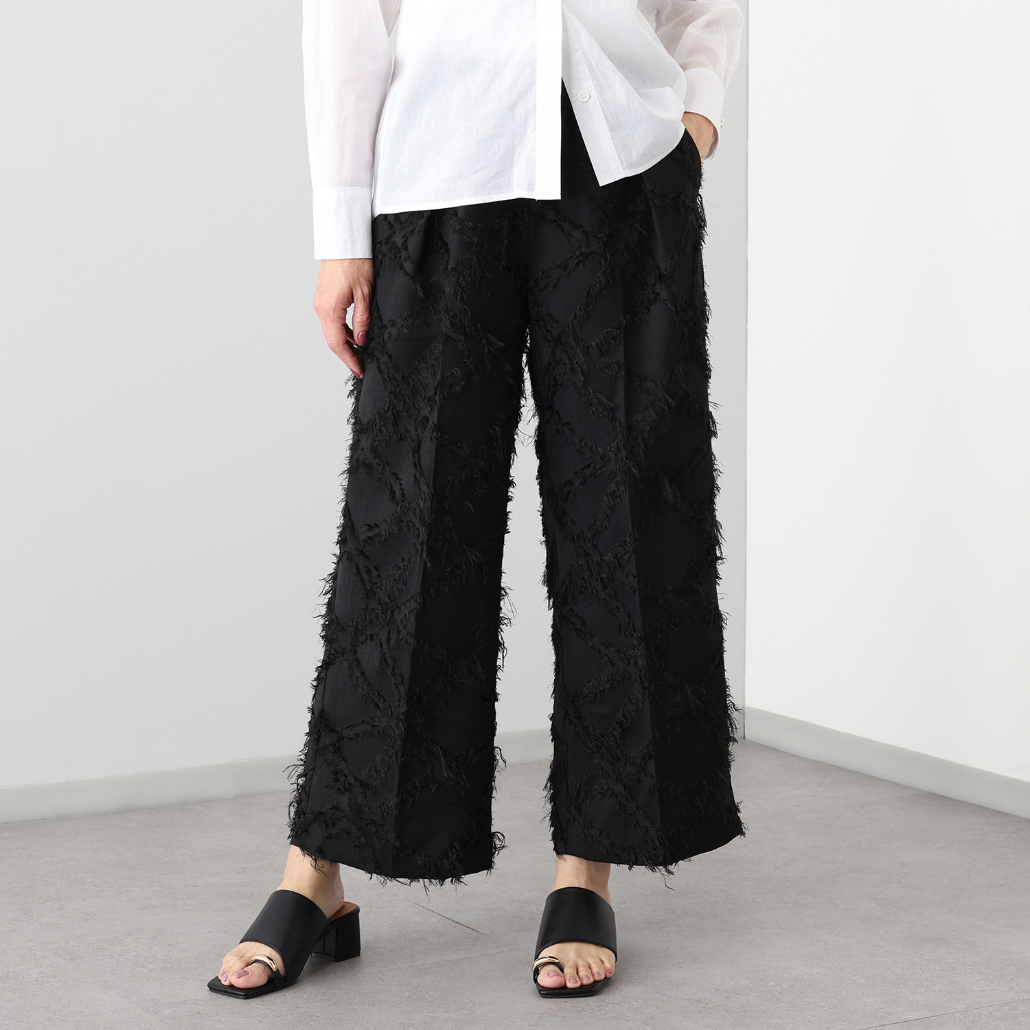 ヴィオラウィル 楽しく揺れて お出かけしたくなる カットフリンジ ジャガードパンツ