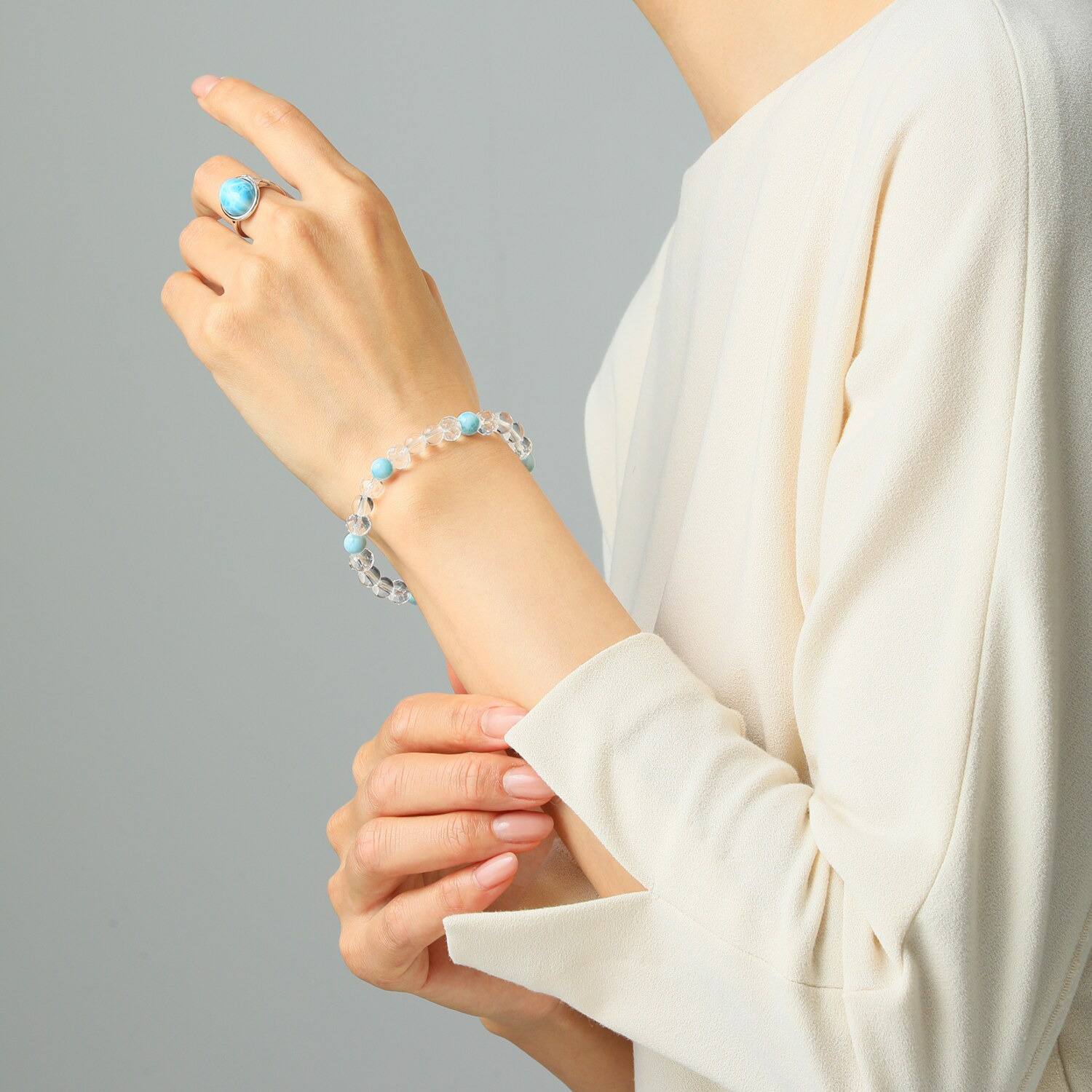 岩崎美智子コレクション ラリマール＆天然水晶 イラスティック ブレスレット