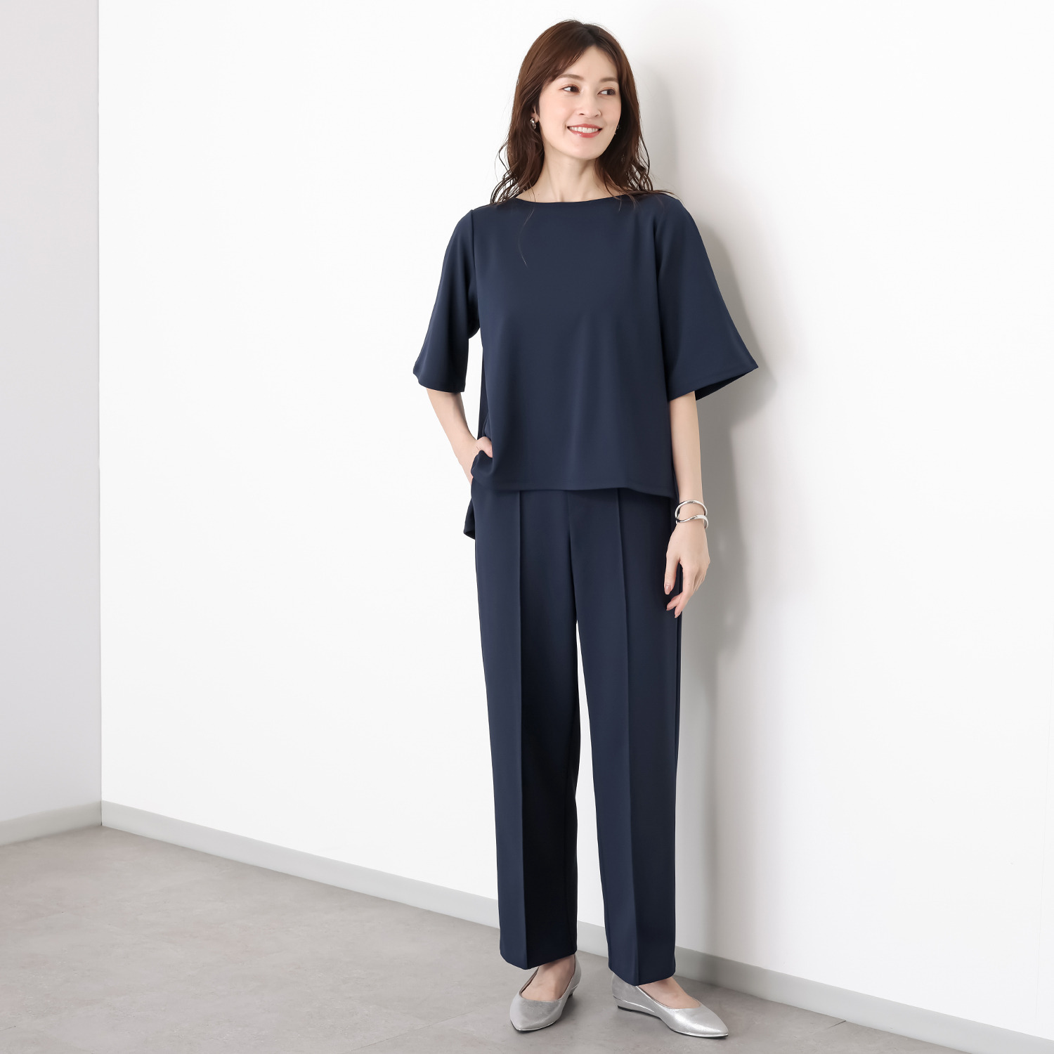 ＴＡＫＵＭＩＢＡ 洗えてシワになりにくい！ ストレッチジョーゼット 日本製イージースラックス ワイド　股下７０ｃｍ