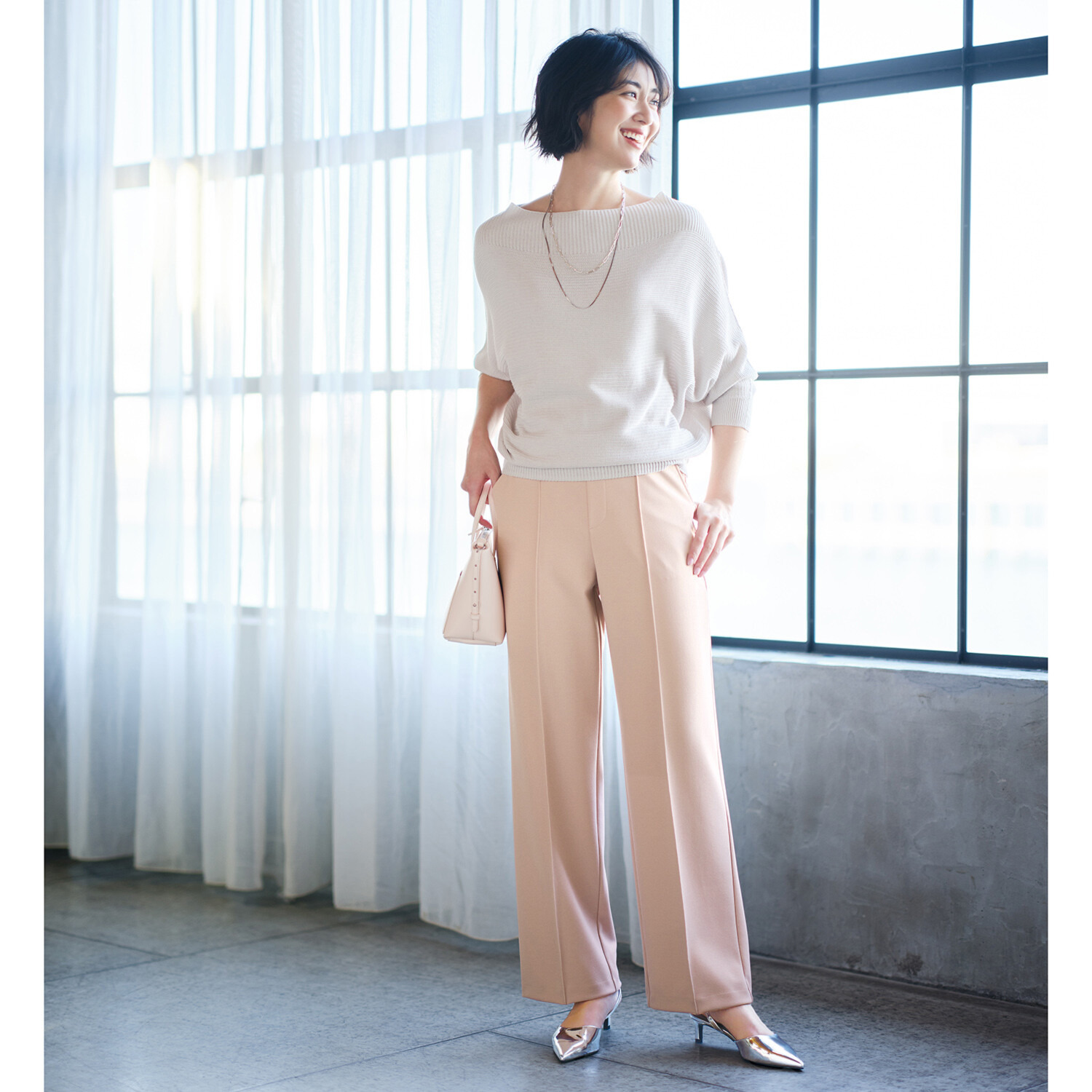 ＴＡＫＵＭＩＢＡ 洗えてシワになりにくい！ ストレッチジョーゼット 日本製イージースラックス ワイド　股下７０ｃｍ