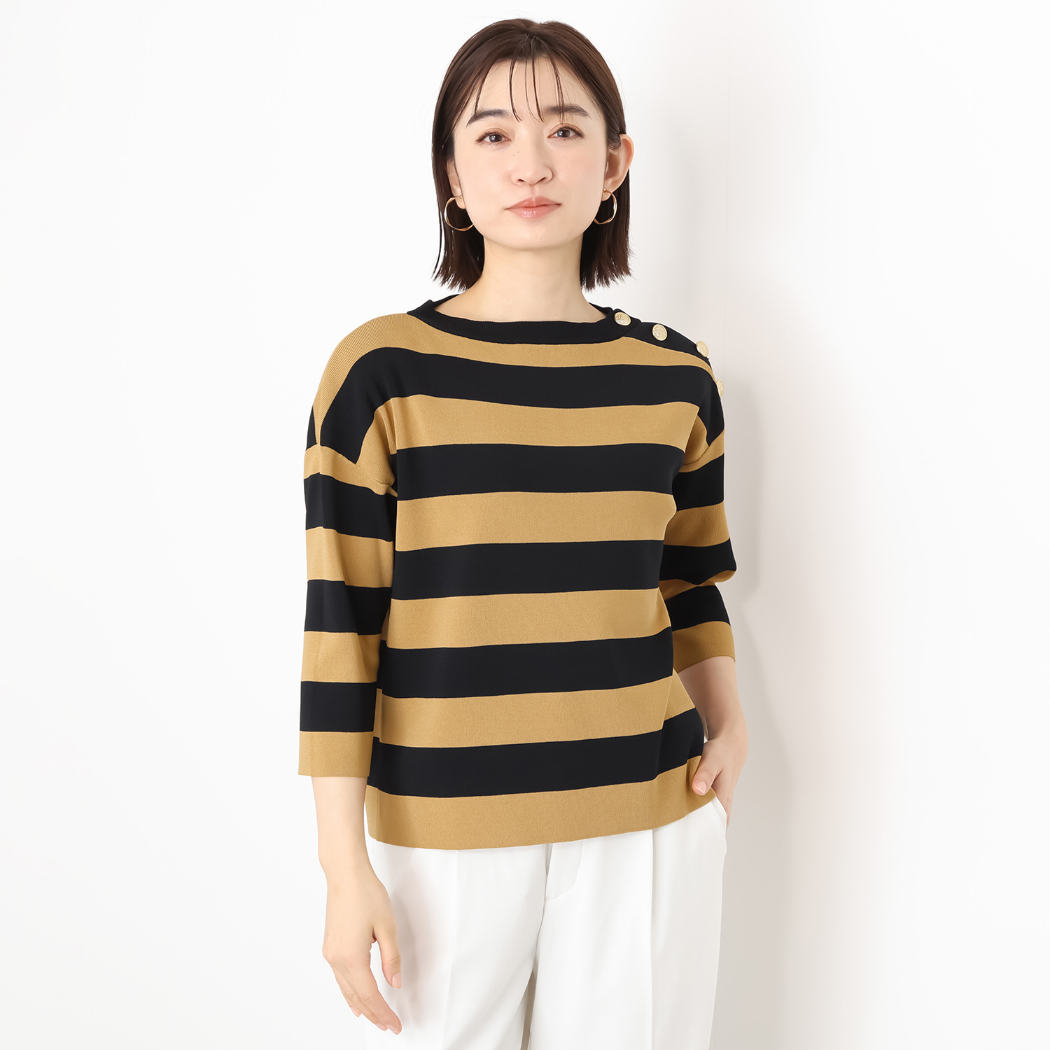 モカサン　ジュンコシマダ レーヨンナイロン 配色ボーダー ニットプルオーバー