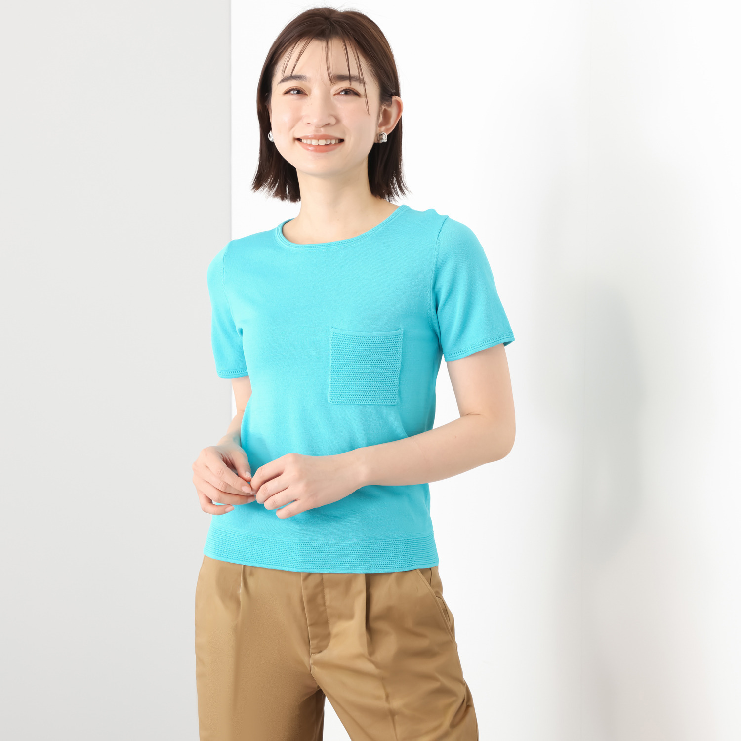 モカサン　ジュンコシマダ レーヨンナイロン 胸ポケット付 半袖ニットプルオーバー