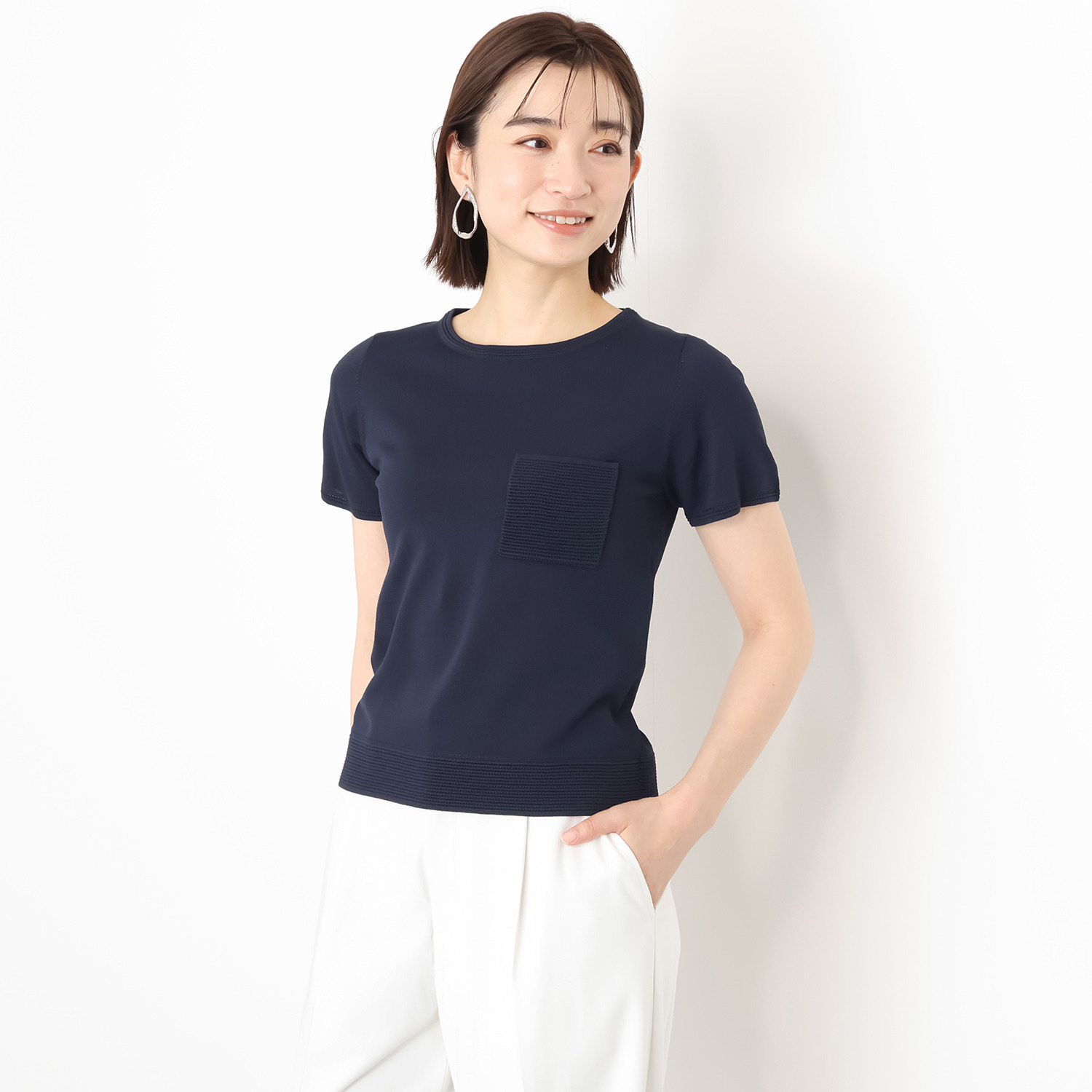 モカサン　ジュンコシマダ レーヨンナイロン 胸ポケット付 半袖ニットプルオーバー