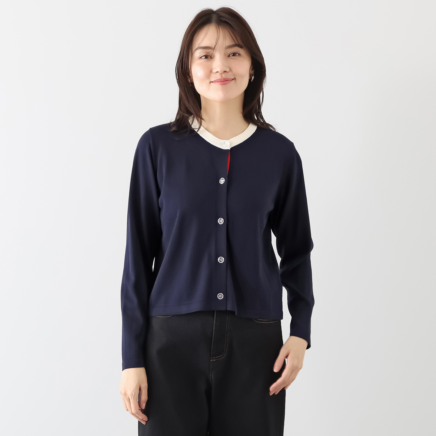 エムジェイアール　バイ マチコ　ジント　ロンドン 配色アクセント ビジュウボタン ドライタッチカーディガン