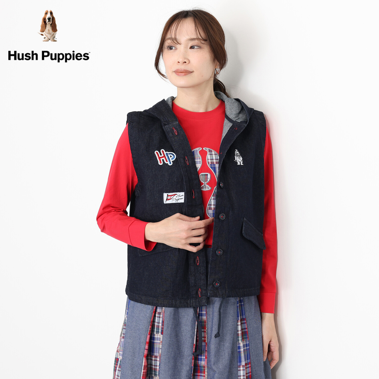 ハッシュパピー ワッペン付 デニムパーカーベスト