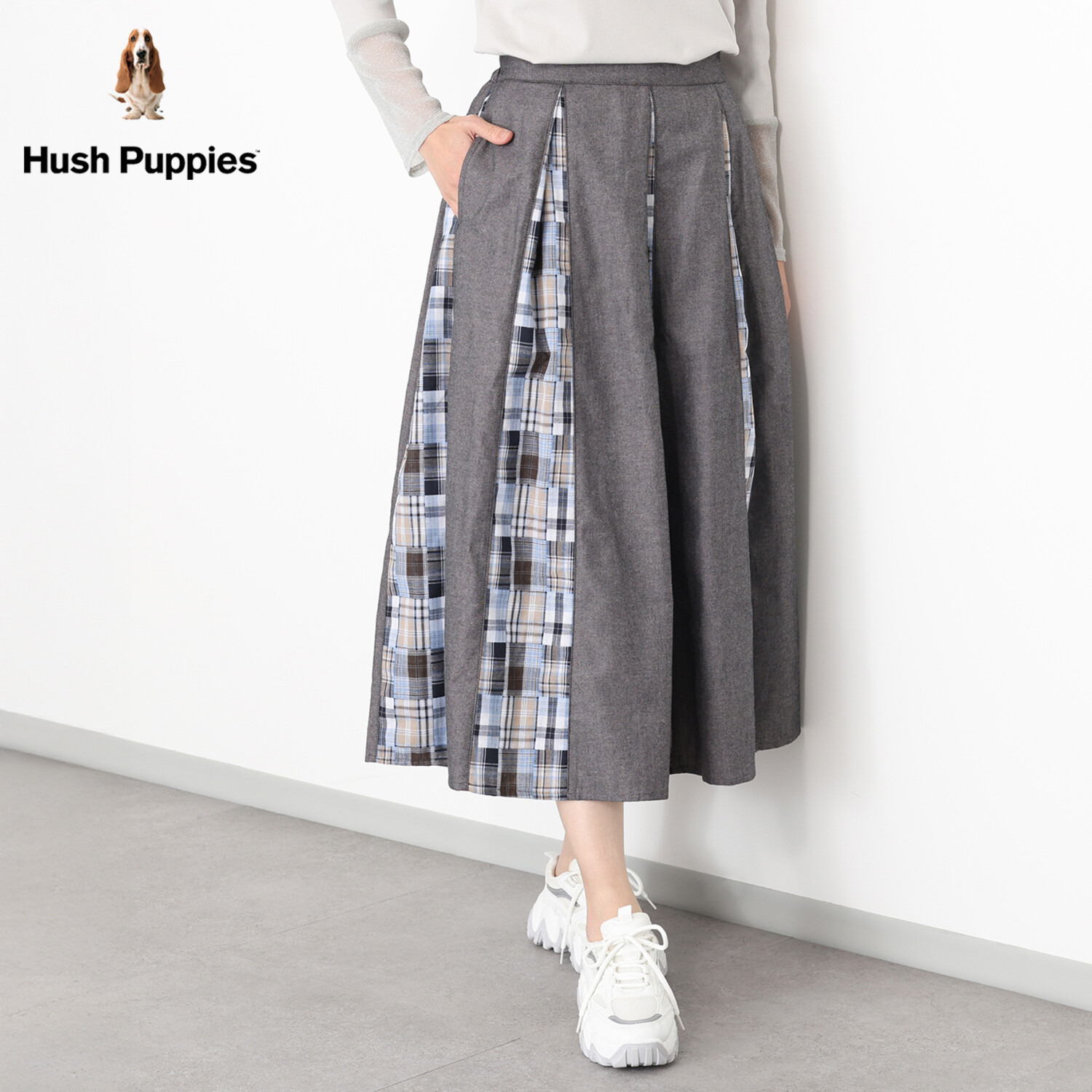 ハッシュパピー パッチワーク切替 プリーツスカート
