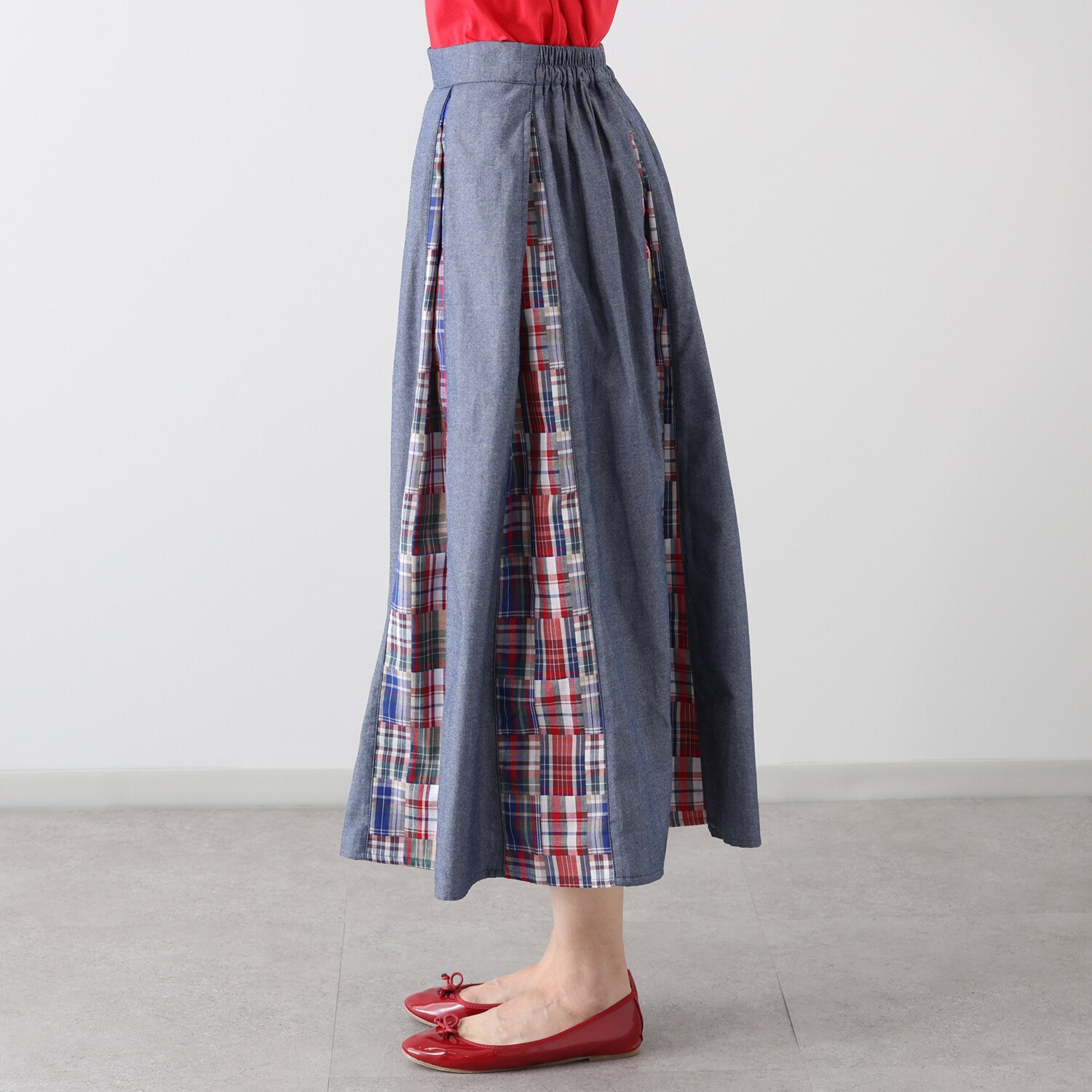 ハッシュパピー パッチワーク切替 プリーツスカート